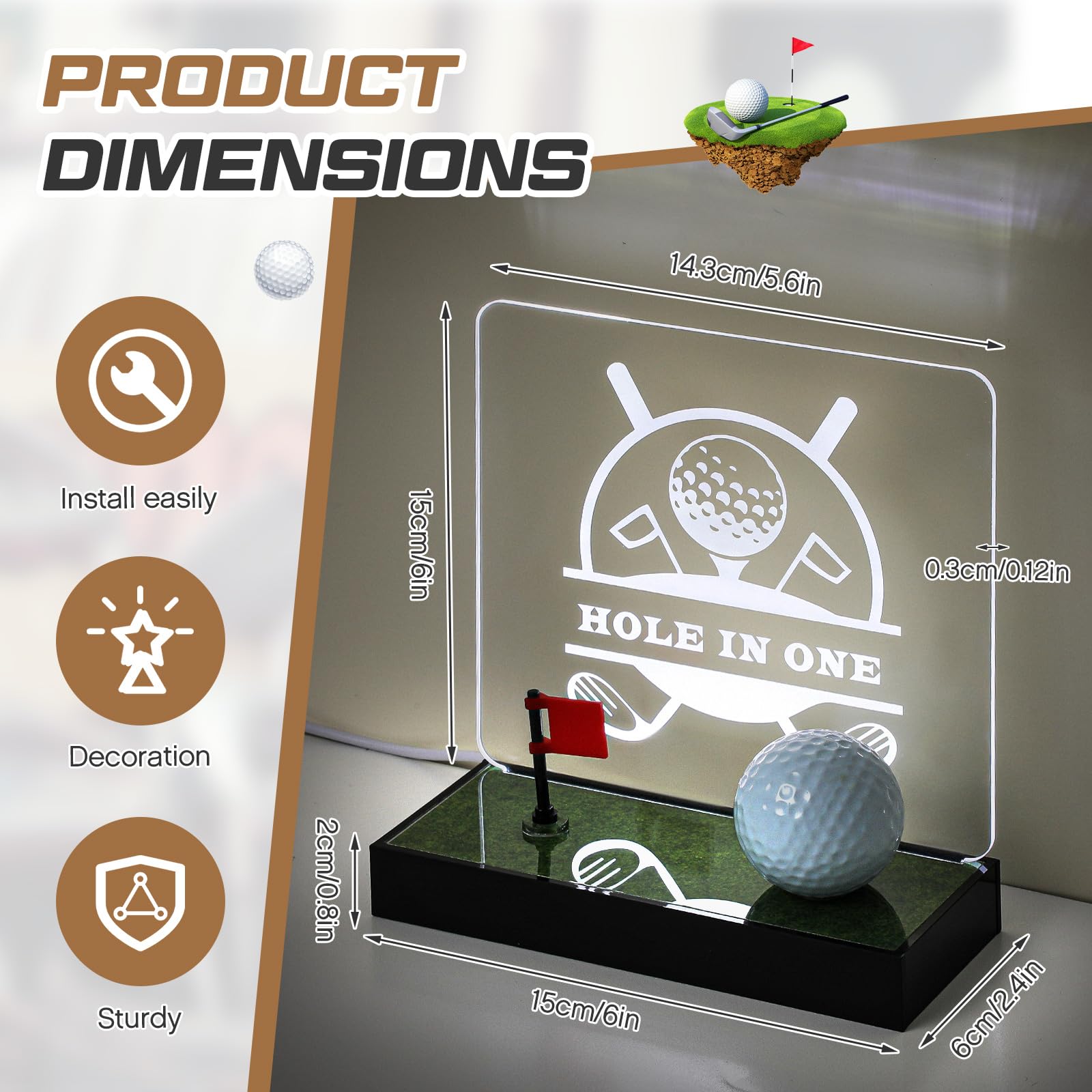 Tioncy Vitrina para pelotas de golf con agujero en uno, soporte iluminado para pelotas de golf con alimentación USB, base de madera y accesorios acrílicos, vitrinas de recuerdos para golfistas,