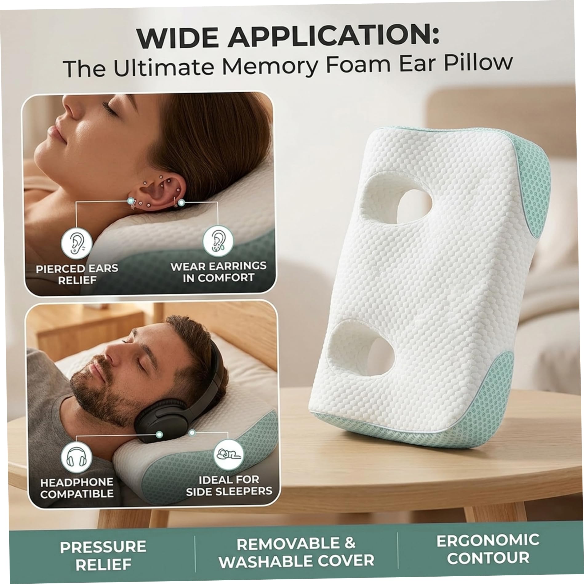 Almohada ergonómica para Piercing de Oreja de Espuma viscoelástica con Agujeros para Auriculares, Color Blanco, cómoda Almohada para Dormir de Lado para Piercings, Viajes