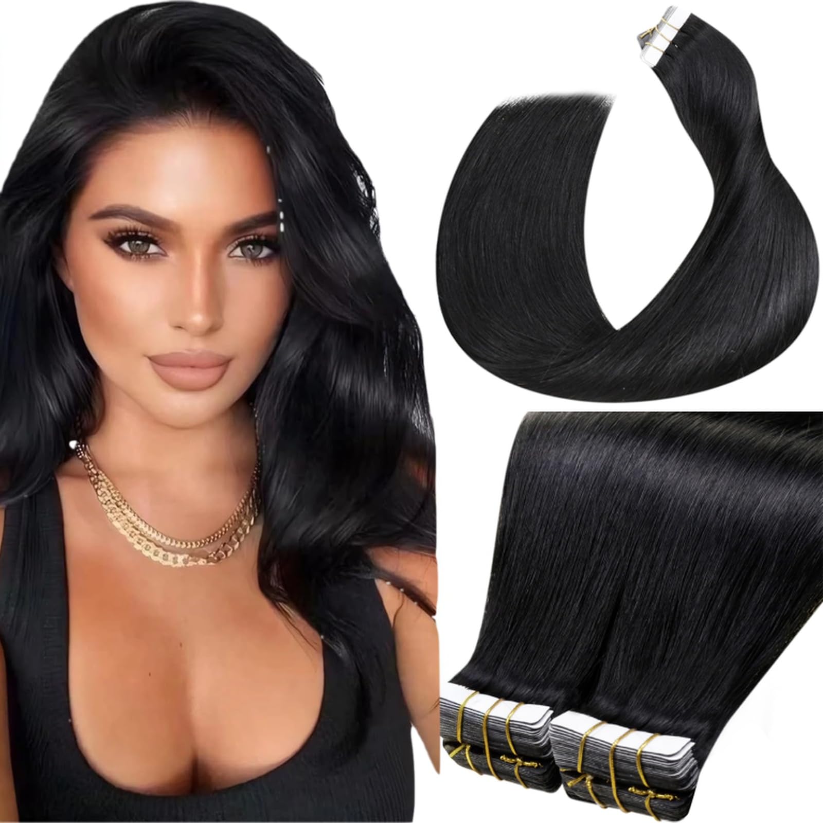 LaaVoo Tape in Hair Extensions Human Hair 100g Tape Hair Extensions Real Human Hair Natural Black Invisible Tapes Remy Straight Hair Double Sided Tabs 40pcs 24 Inch #1