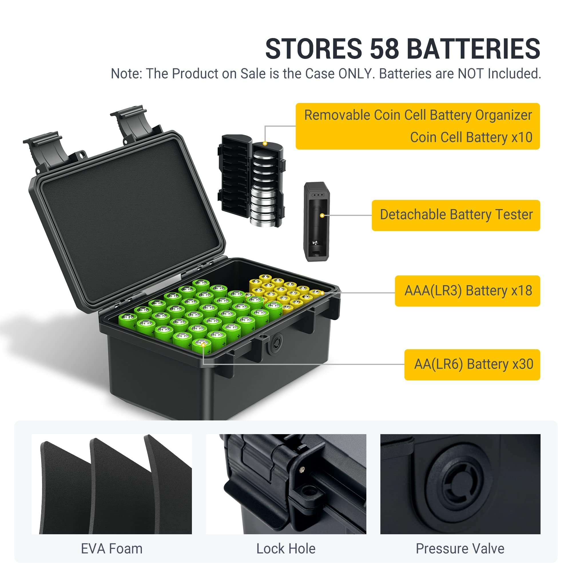 KIWIFOTOS Valigetta per la Conservazione delle Batterie con Tester per Batterie, Organizzatore Robusto per Batterie per 30 Slot AA, 18 Slot AAA, 10 Slot per Batterie a Bottone