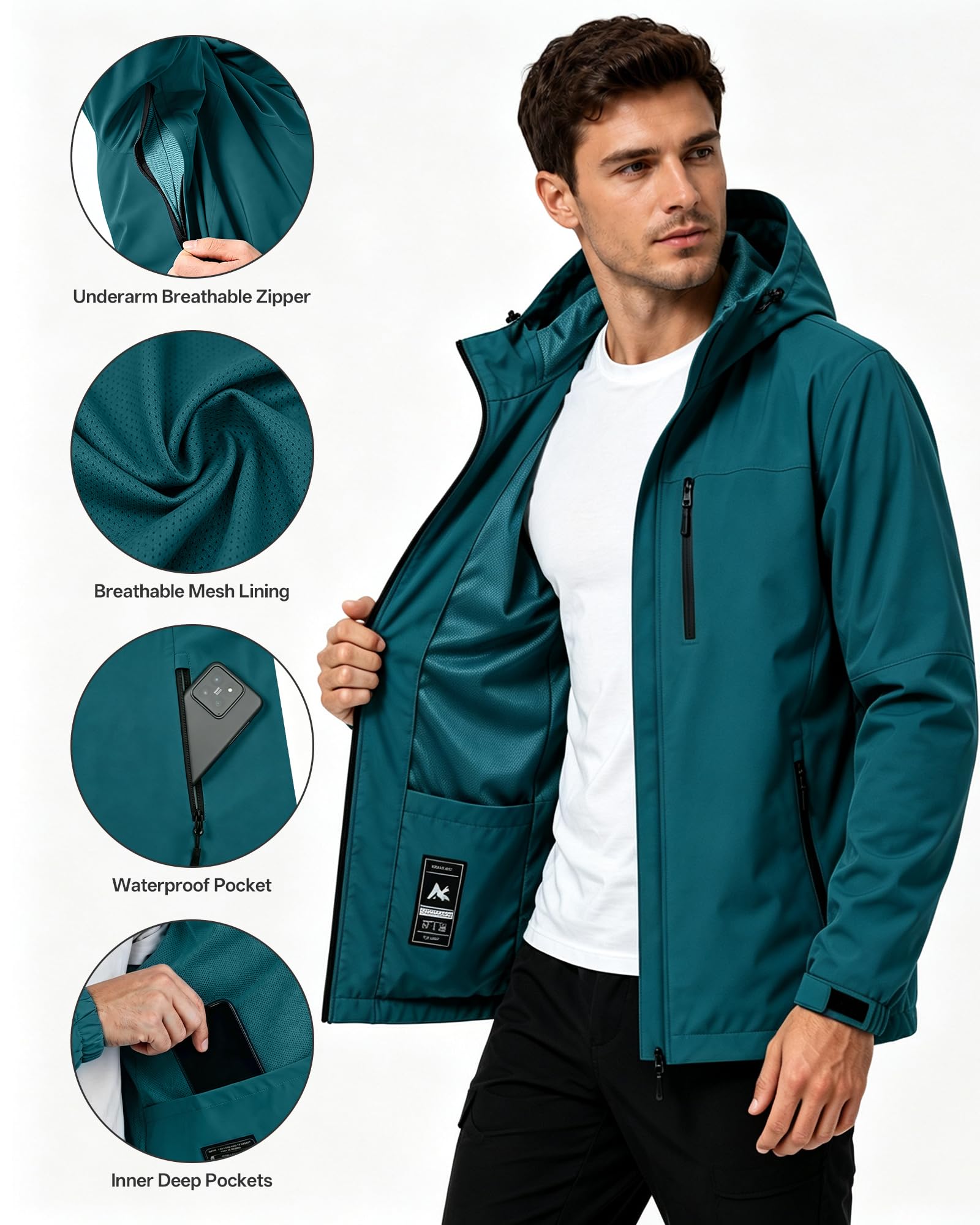 Chaqueta Softshell impermeable transpirable para hombre Chaqueta de lluvia ligera Cortavientos Packable Impermeable para bicicleta con capucha