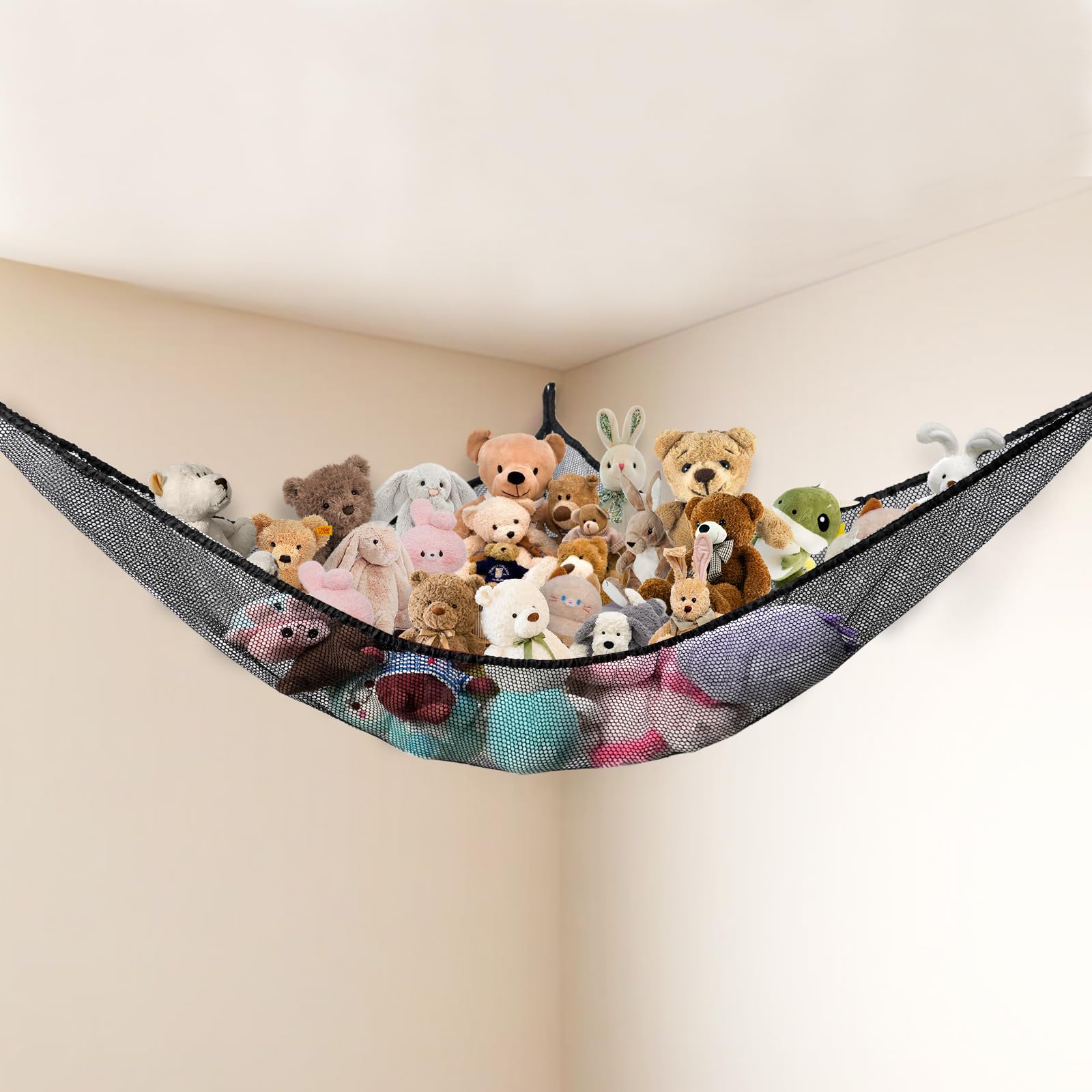 Powkoo Girls Black Teddy Hammock Toy Storage For Stuffed Animals Soft Toy Storage Hanging Teddy Bear Storage Net Hammock Large Cuddly Toy Storage Kids Preppy Room Decor For Bedroom Accessories (Black)