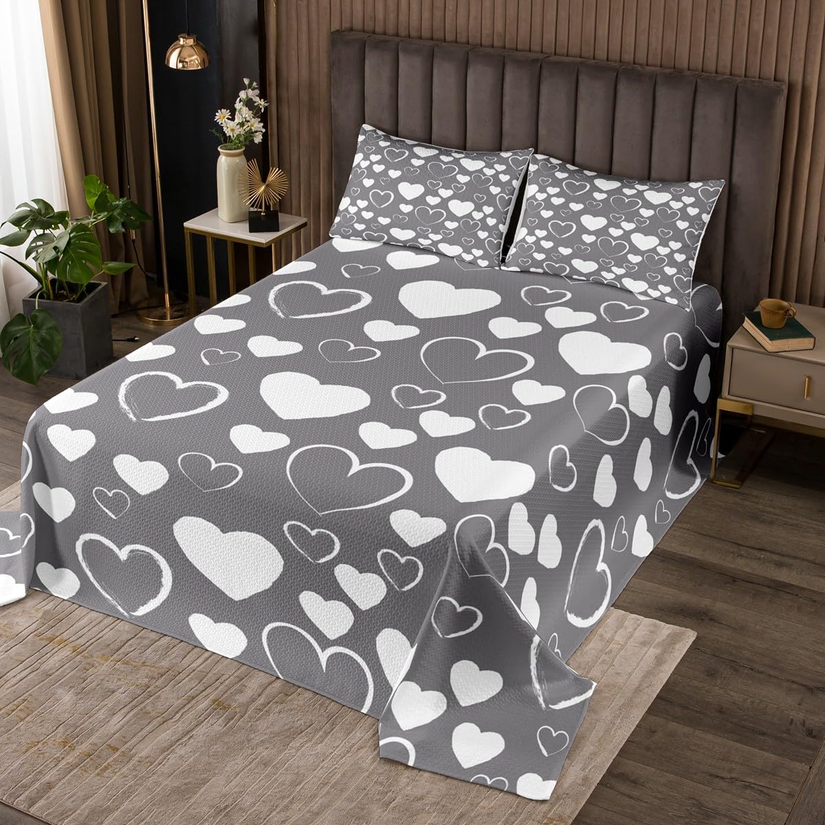 jejeloiu Heat Love Pattern Bedspread for Kids Boys Girls Romantic Coverlet Love Print Coverlet Set Queen Size Bedroom Decor Grey White Quilted
