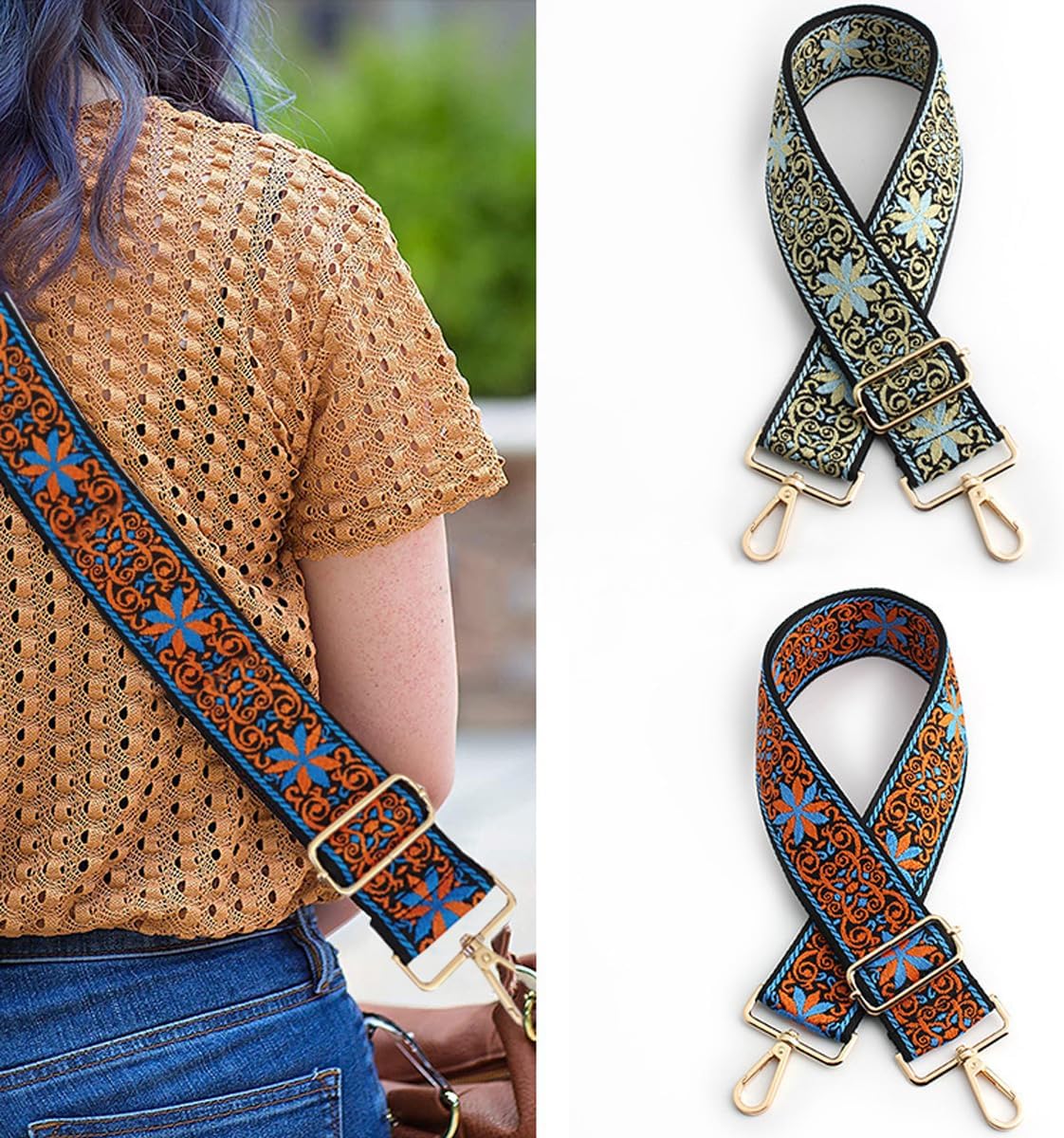 Purse Strap Star Flower Pattern Trendy Bag Strap Replacement Adjustable Jacquard Belt for Purse Crossbody Guitar CameraBags (Orange+Blue) - Image 2