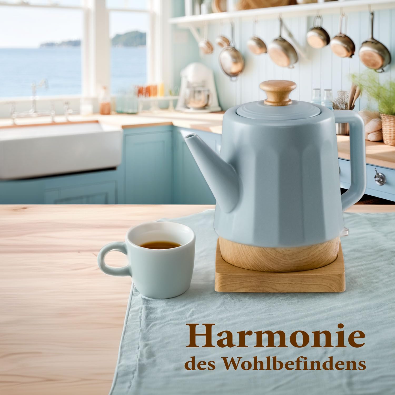 Elektrischer Wasserkocher aus Keramik, 1,5 Liter, abnehmbarer Deckel, Grau-Blau Modernes Design Harmonie, Teakettle ceramic 1500 W, grey, Deckel-Holzgriff,drehbare Basis, Öko-Design