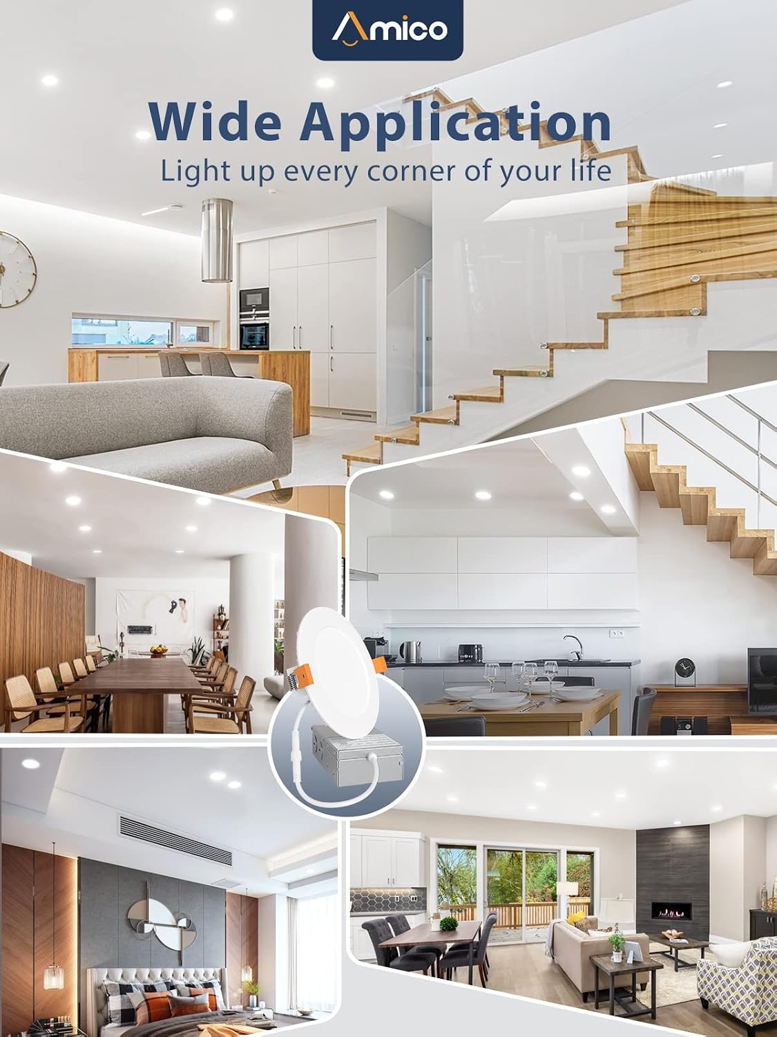 Amico 20 Pack 6 Inch Ultra-Thin LED Recessed Ceiling Light with Junction Box, 5000K Daylight, Dimmable Can Light, 1200LM High Brightness Downlight, 15W Eqv 130W, Canless Wafer Light, ETL Certified