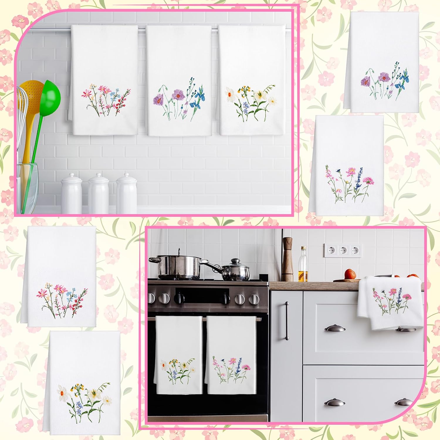 Geyoga 4 Pcs Spring Floral Embroidery Fingertip Towels Wildflowers Bathroom Kitchen Hand Towels Farmhouse Flower Tea Dish Washcloths for Bathroom Kitchen Home Spring Easter Decor Gifts - Image 4