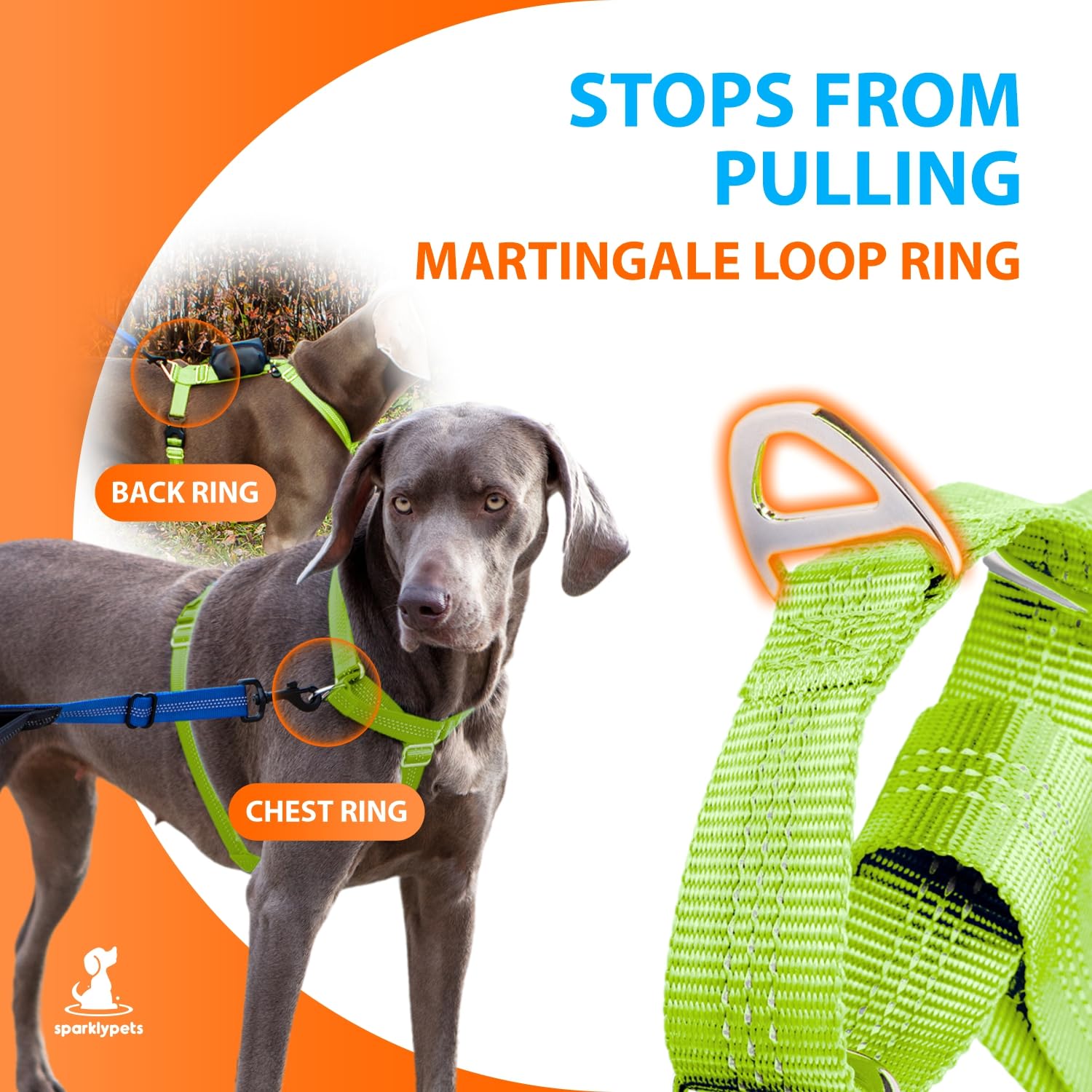 SparklyPets More Freedom Arnés de paseo para perros sin tirones en la parte delantera y trasera para razas medianas y grandes con soporte para bolsas de excrementos, cabestro para perros para todos