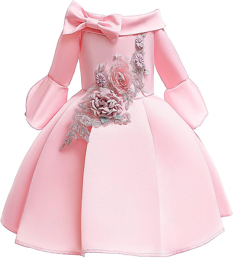 Super Fairy Flower Girls 3/4 Sleeve Pageant Party Formal Dresses Kids Wedding Ball Gown