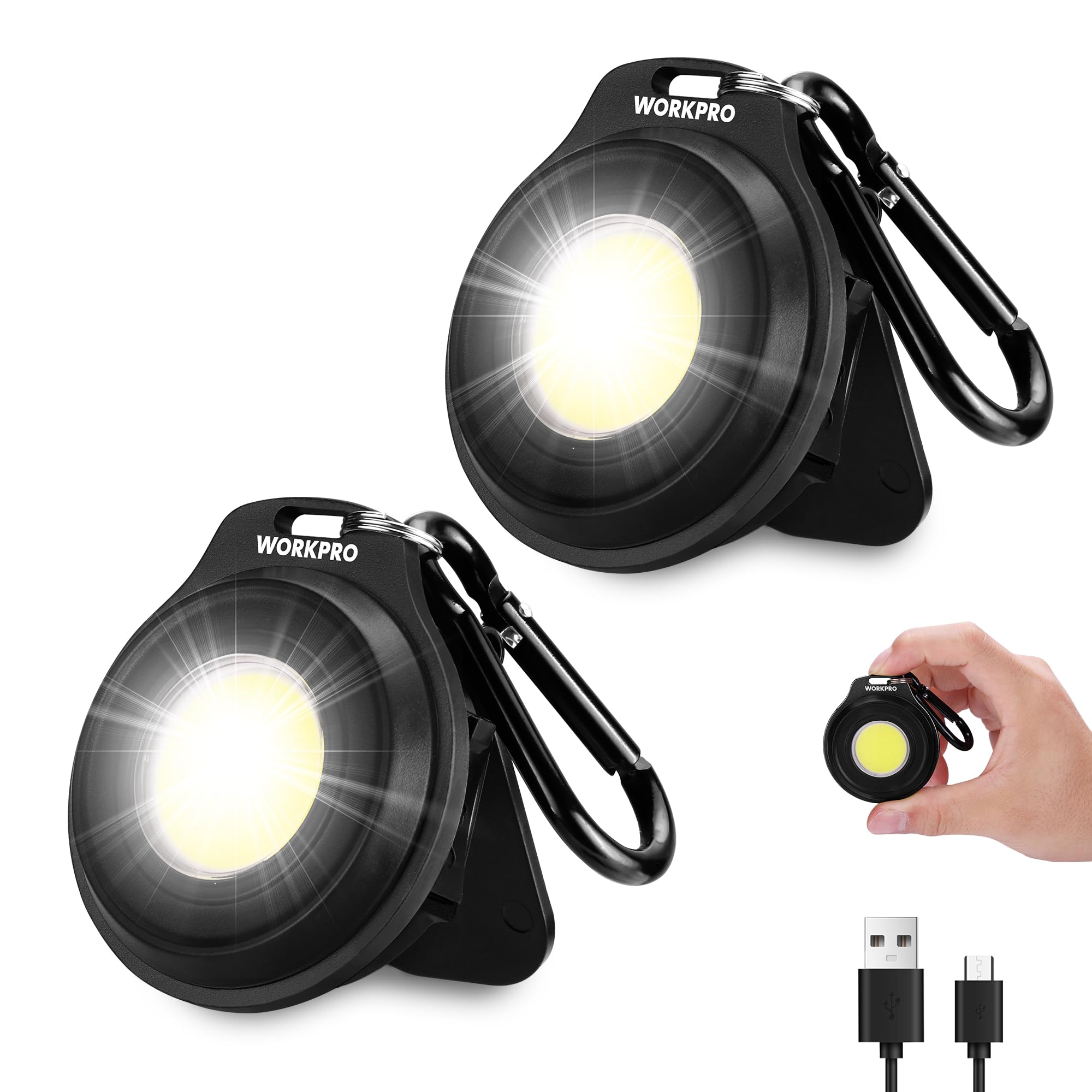 WORKPRO COB Keychain Light, 2Pcs Small Work Keychain Flashlight with Hat Clip, EDC Rechargeable Magnetic 3 Light Modes Carabiner Flashlight for