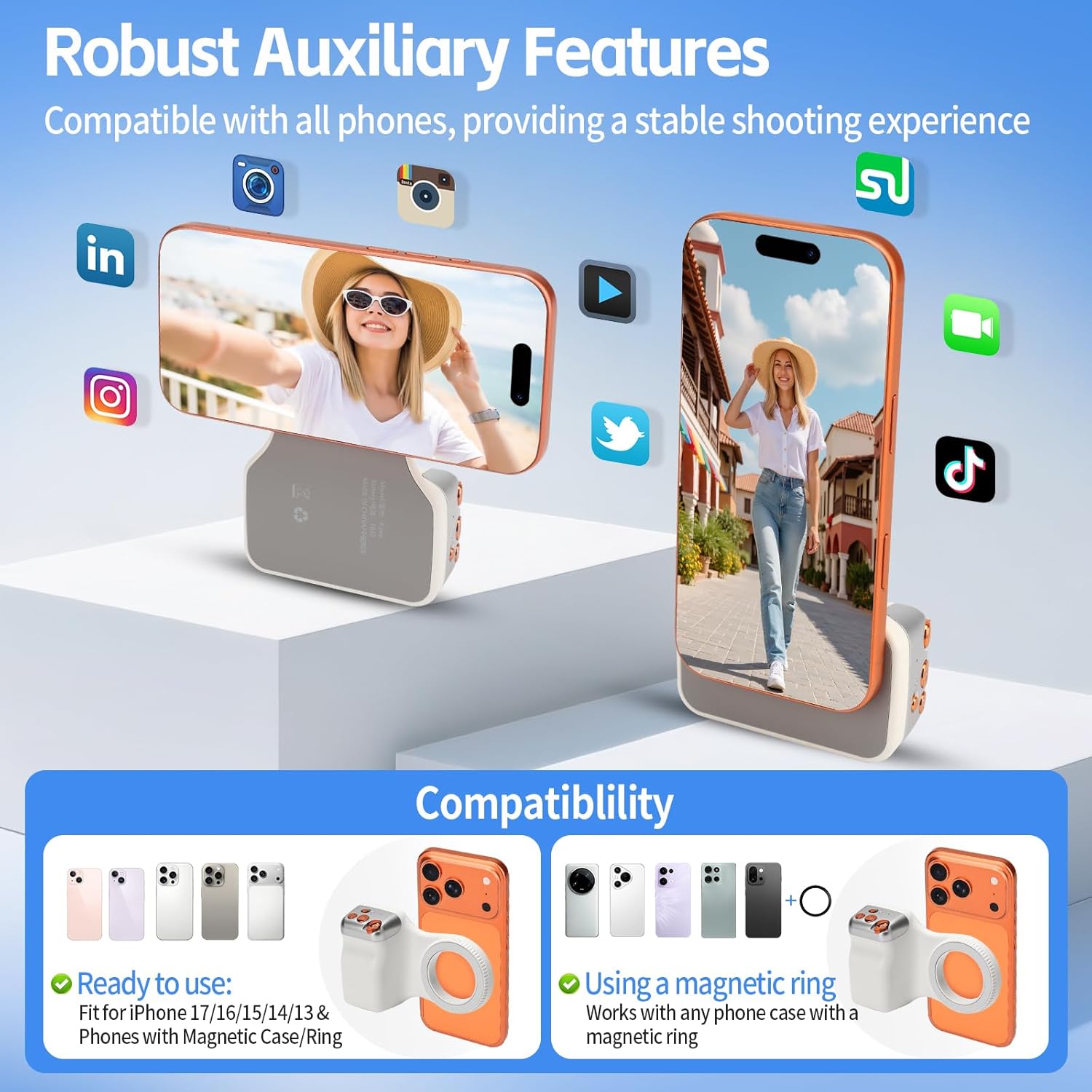 Magnetic Phone Camera Grip,Smartphone Shooting Holder, Selfie Handle Fun Shot Magnetic Grip for iPhone & Android with Wireless Shutter Button, Creator Kit for TikTok/Selfies/Photography/Video