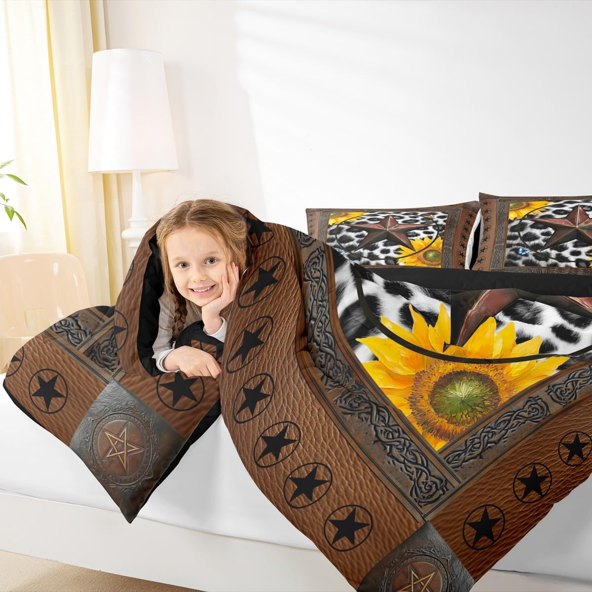 Erosebridal Western Texas Star Bedding Set Toddler, Rustic Cowhide Comforter Set for Kids Teens Adult Room Decor, Cow Print Farm Animal Duvet Insert Cowboy Vintage Sunflower Quilt, 1 Pillow Case