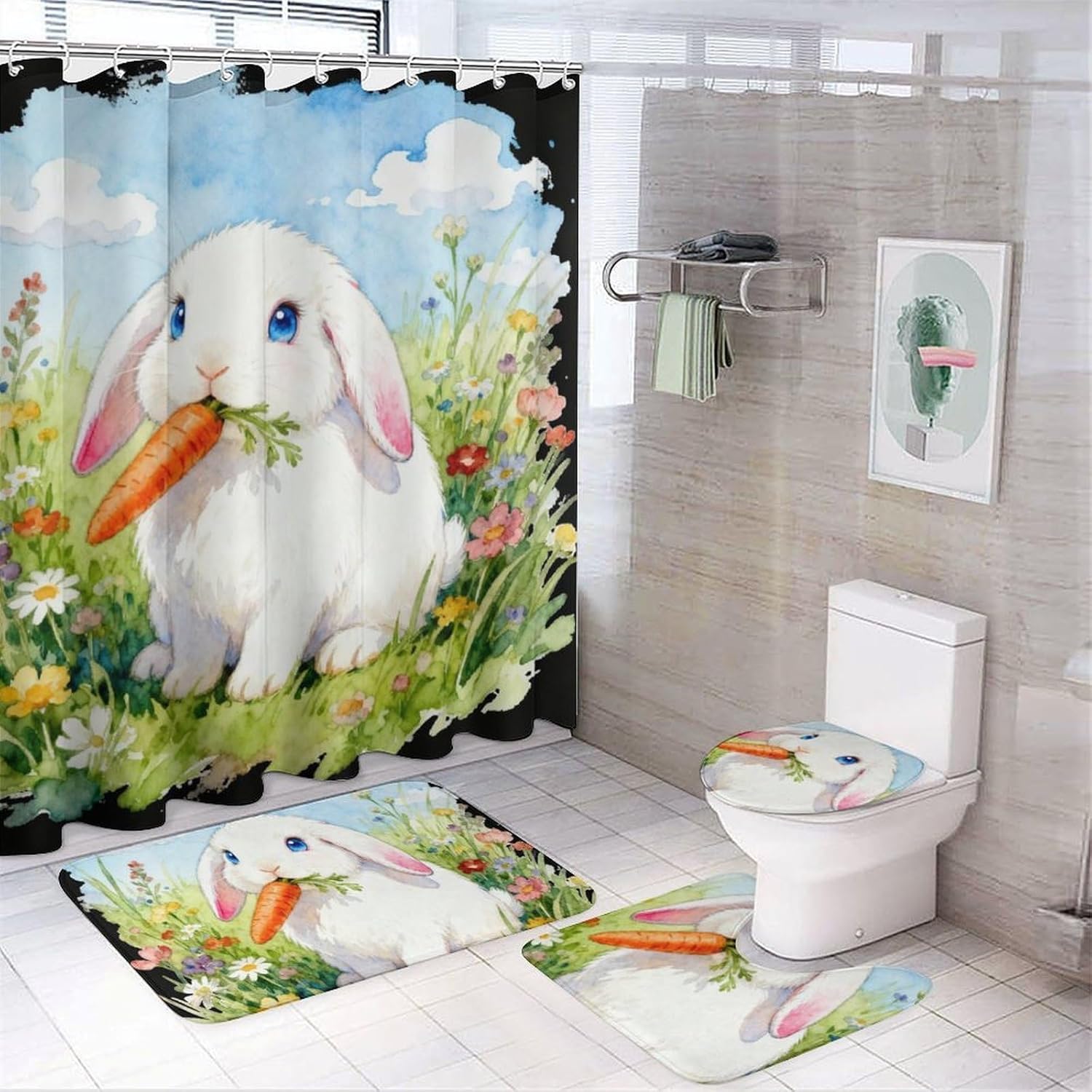 4 Piece Bathroom Rug Set with Shower Curtain, Non-Slip Bath Mat Toilet Cover Set, Lop-Eared Rabbit Bathroom Rug Sets