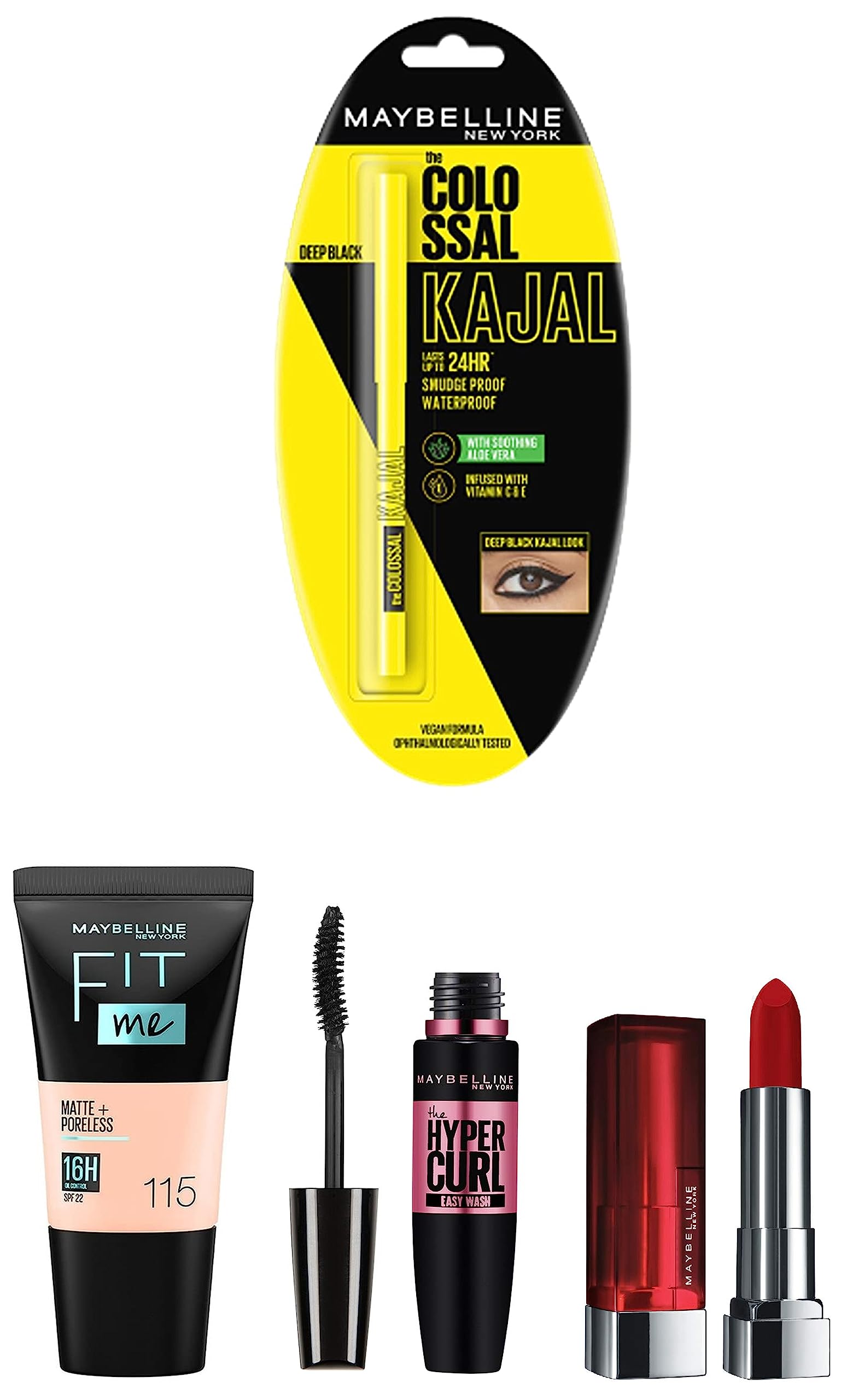 Maybelline New York Date Night Makeup Kit - Fit Me Medium Foundation Tube Ivory + Hypercurl Mascara Washable + Colossal Oily Kajal + Medium Creamy Matte Siren In Scarlet,Oily, Pack Of 1-image-16