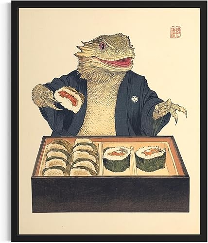 Miniatura 1 de Bearded Dragon Eating Sushi Japanese Wall Art Print Poster, Quirky Animal Poster, Retro Funny Animal Food Art Print, Unique Kitchen Dining Room Wall