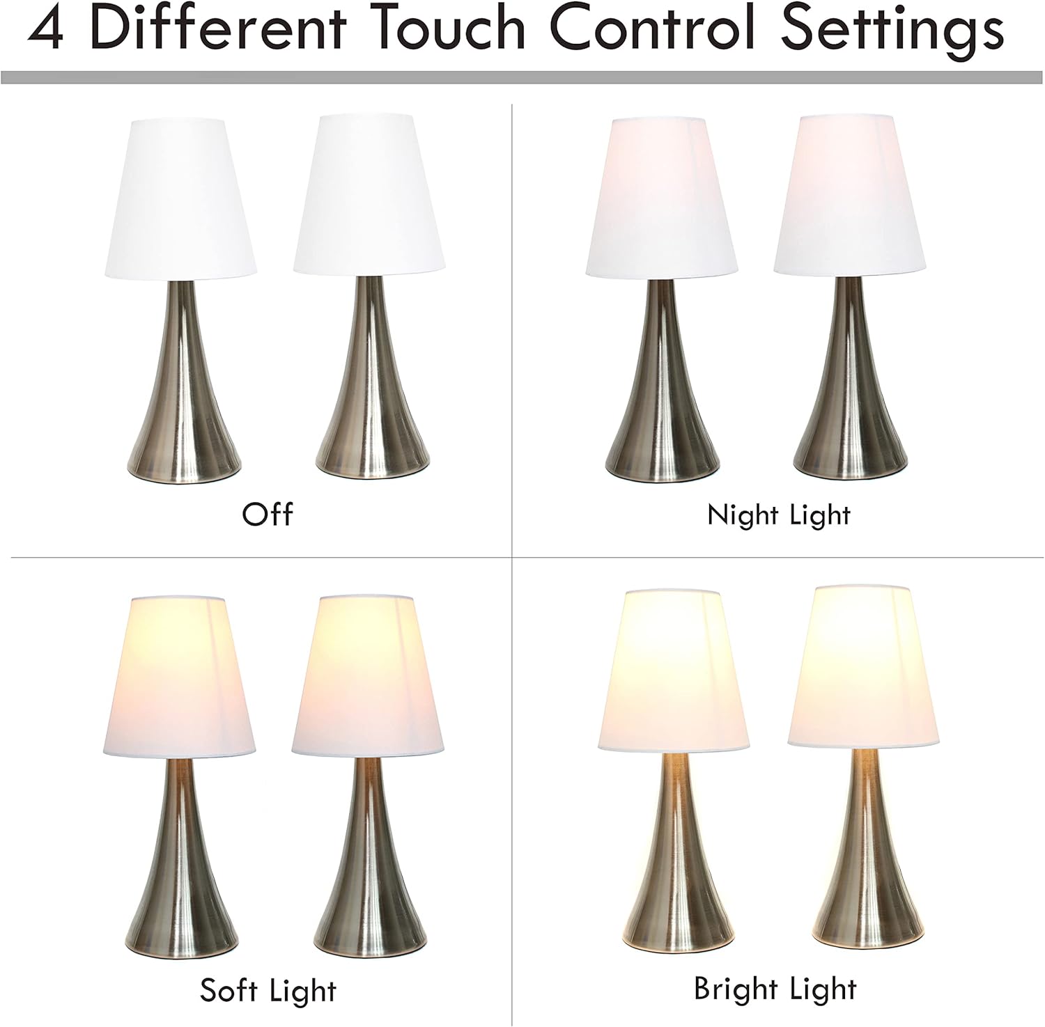 Simple Designs LT2014-WHT-2PK Valencia Brushed Nickel Mini Touch Table Lamps with Fabric Shades, White (Pack of 2)