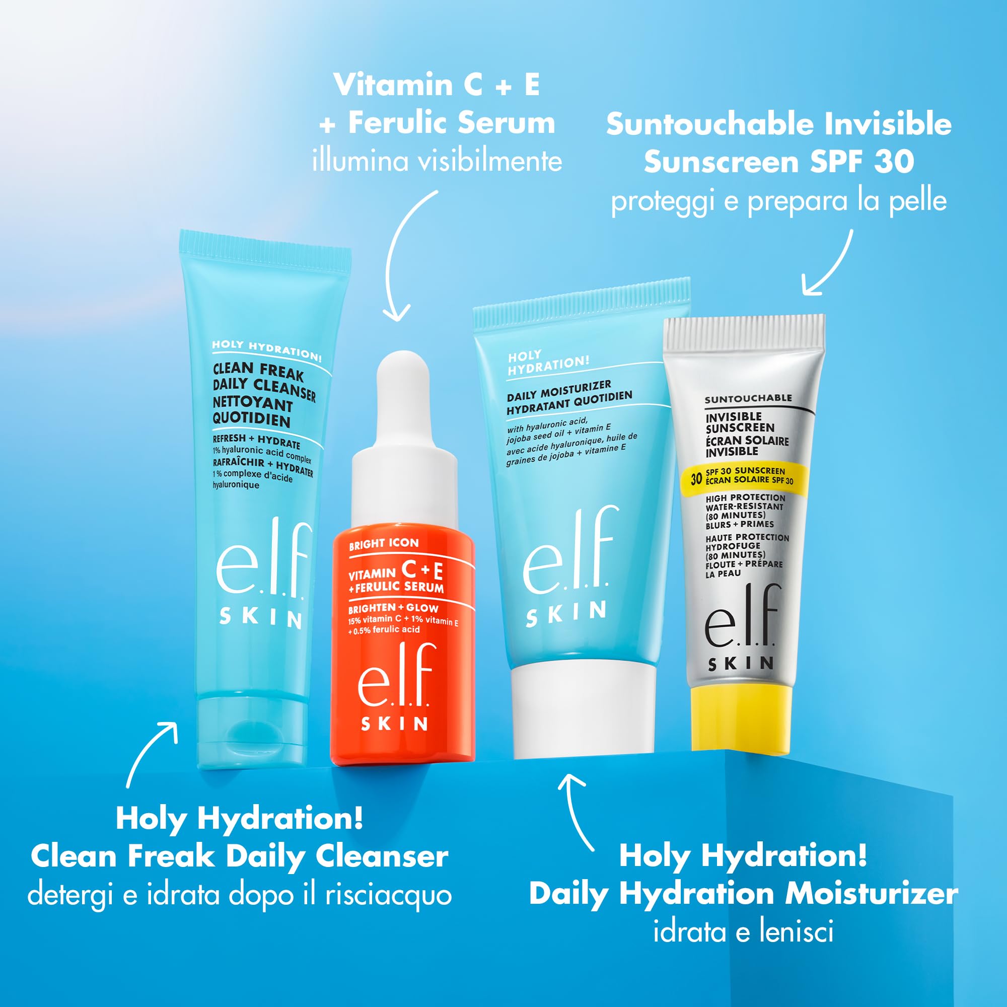 e.l.f. SKIN Wake the e.l.f. Up Skincare Kit, detergente viso idratante, protezione solare, idratante e siero illuminante in formato viaggio, prodotti vegani e non testati sugli animali