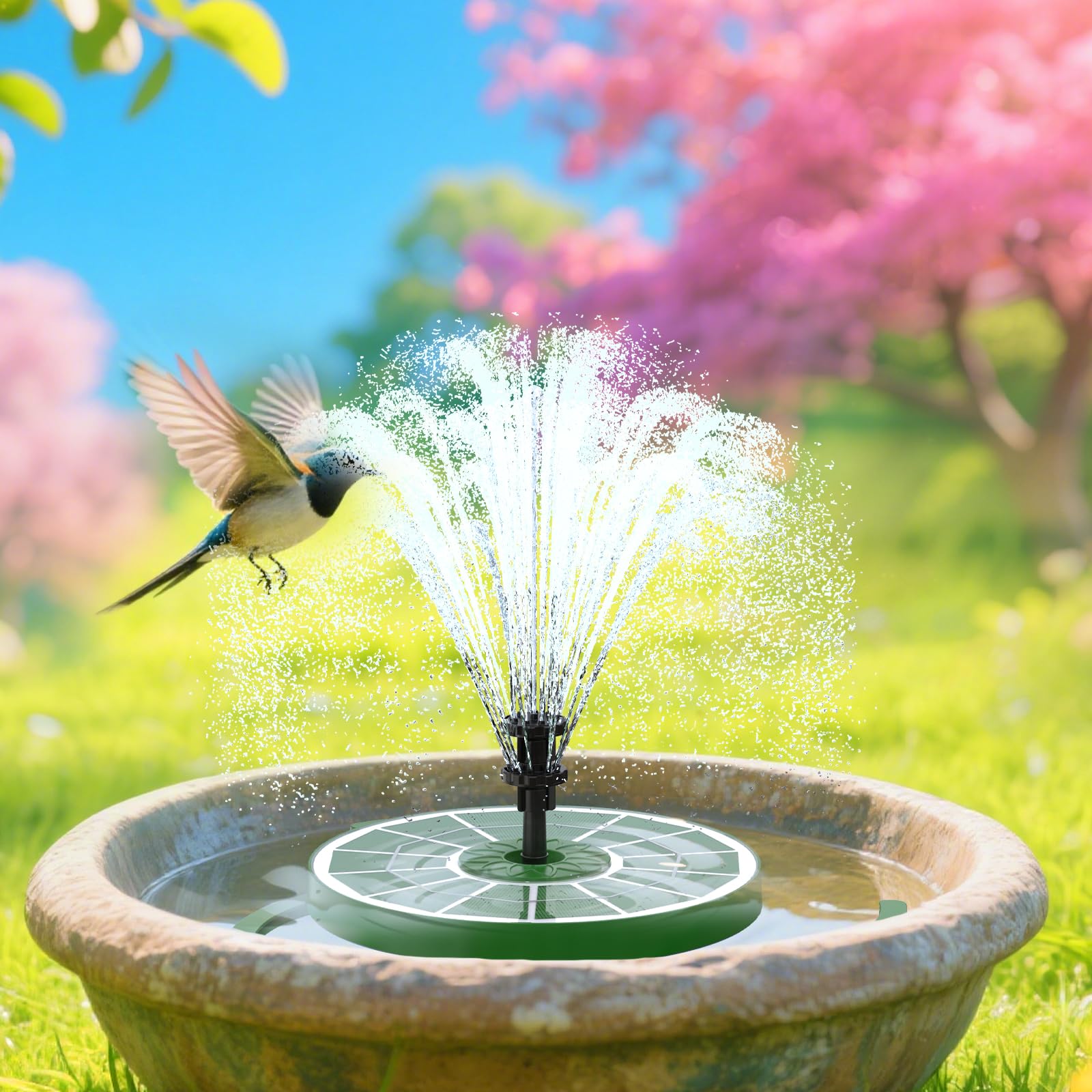 AISITIN Fontaine Solaire 3,5W Pompe de Fontaine Flottante Solaire avec Divers Effets de Pulvérisation, Pompe Solaire Bassin Exterieur avec Vitre en Verre Vert Foncé pour Jardin