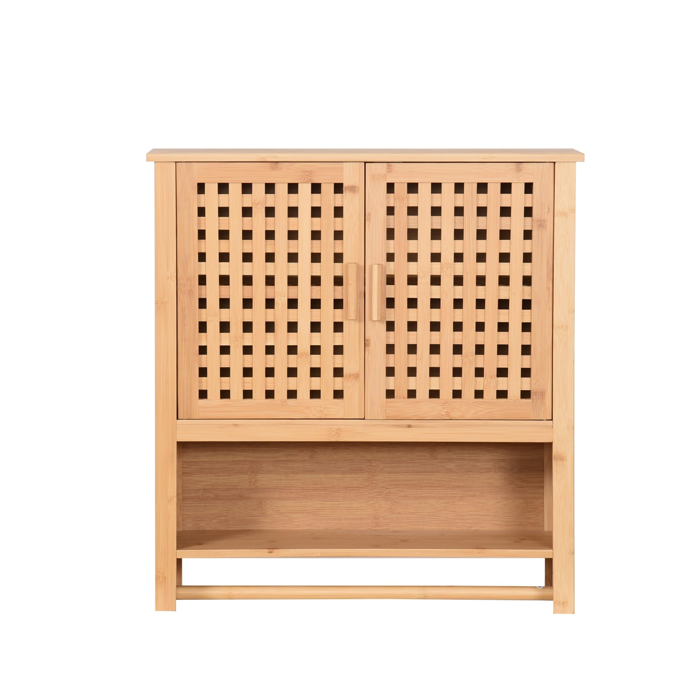 Hängeschrank aus Bambus fürs Badezimmer Wandschrank mit 2 Türen Handtuchhalter & Ablage Badschrank mit Regalfächern Platzsparend 66x62x20cm Natural (Land)