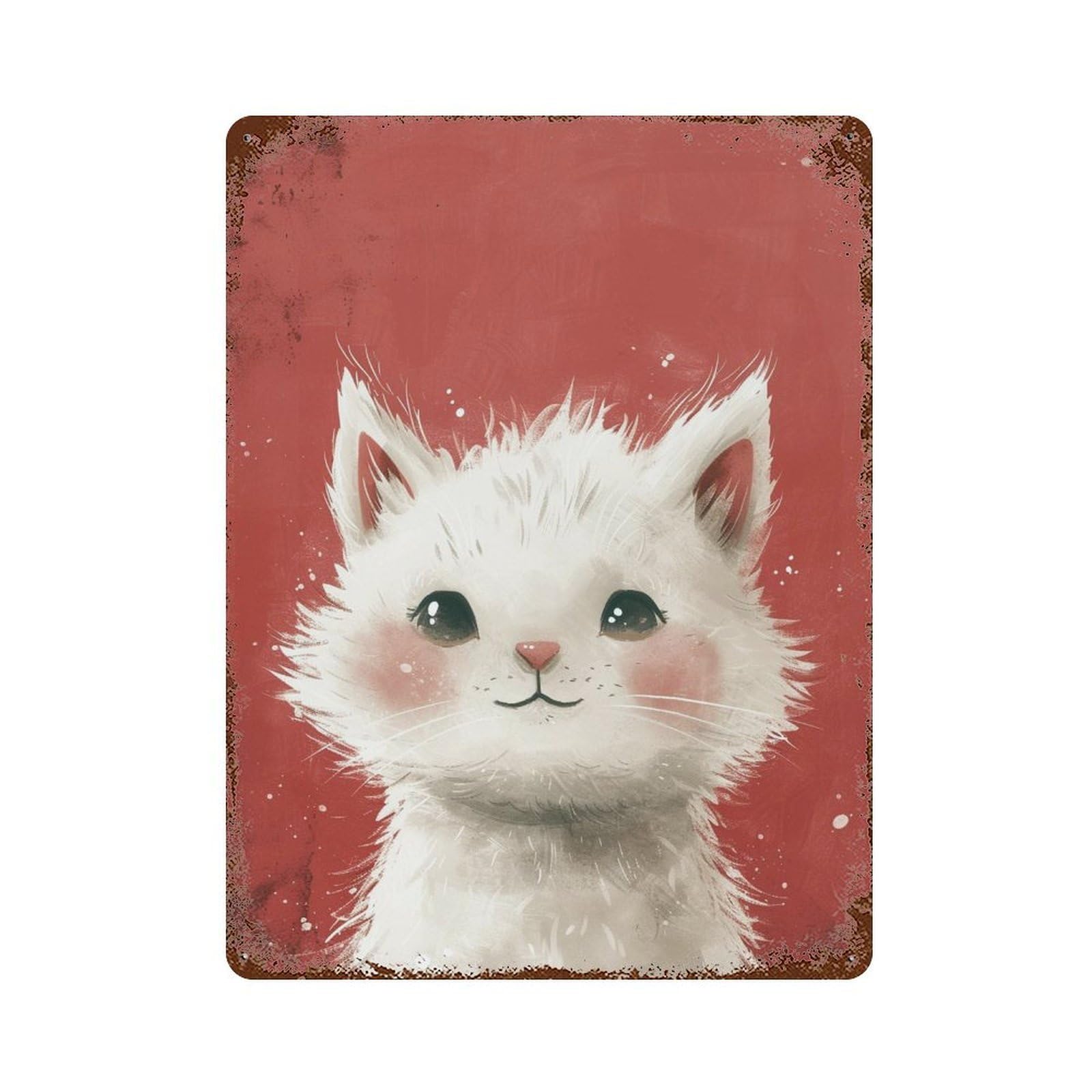 Rust Effect Adorable White Kitten Illustration Rustic Tin Plaque 15.7"x11.8", Classic Wall Plaque for Shed, Workshop And Garage Wall Decor