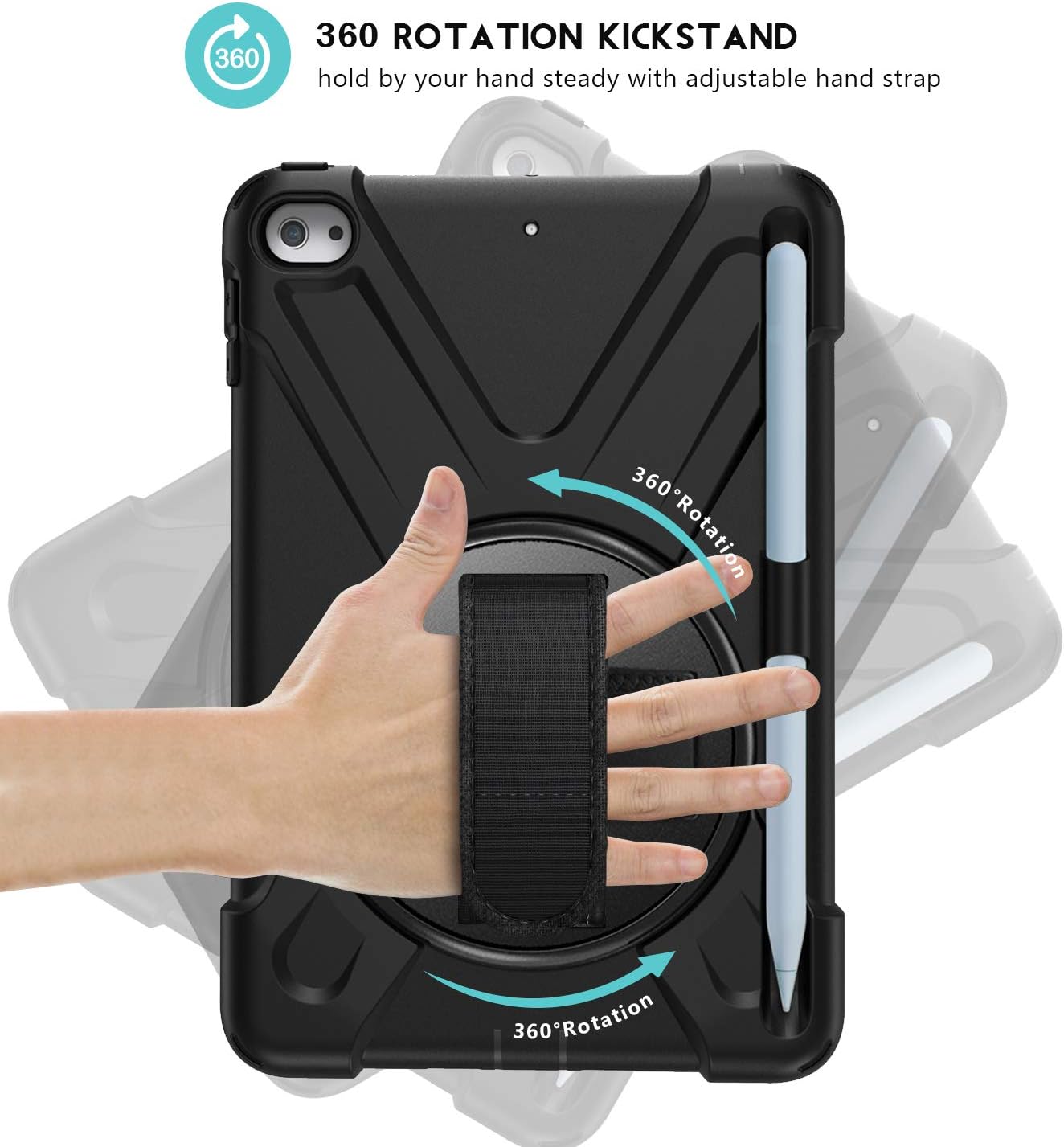 ProCase iPad Mini 5 2019/ Mini 4 2015 Case Rugged, Heavy Duty Shockproof Rotatable Cover with Strap Shoulder, Pencil Holder for Mini 5 Mini 4 7.9 inch –Black