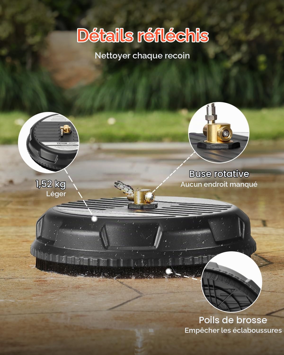 VEVOR Nettoyeur de Surface pour Nettoyeur Haute Pression 385 mm, Accessoire Nettoyeur Sol en Plastique sur Roues, 206 Bar Max. connecteur 0,635 cm 2 Buses de pulvérisation pour béton, Trottoir, Noir