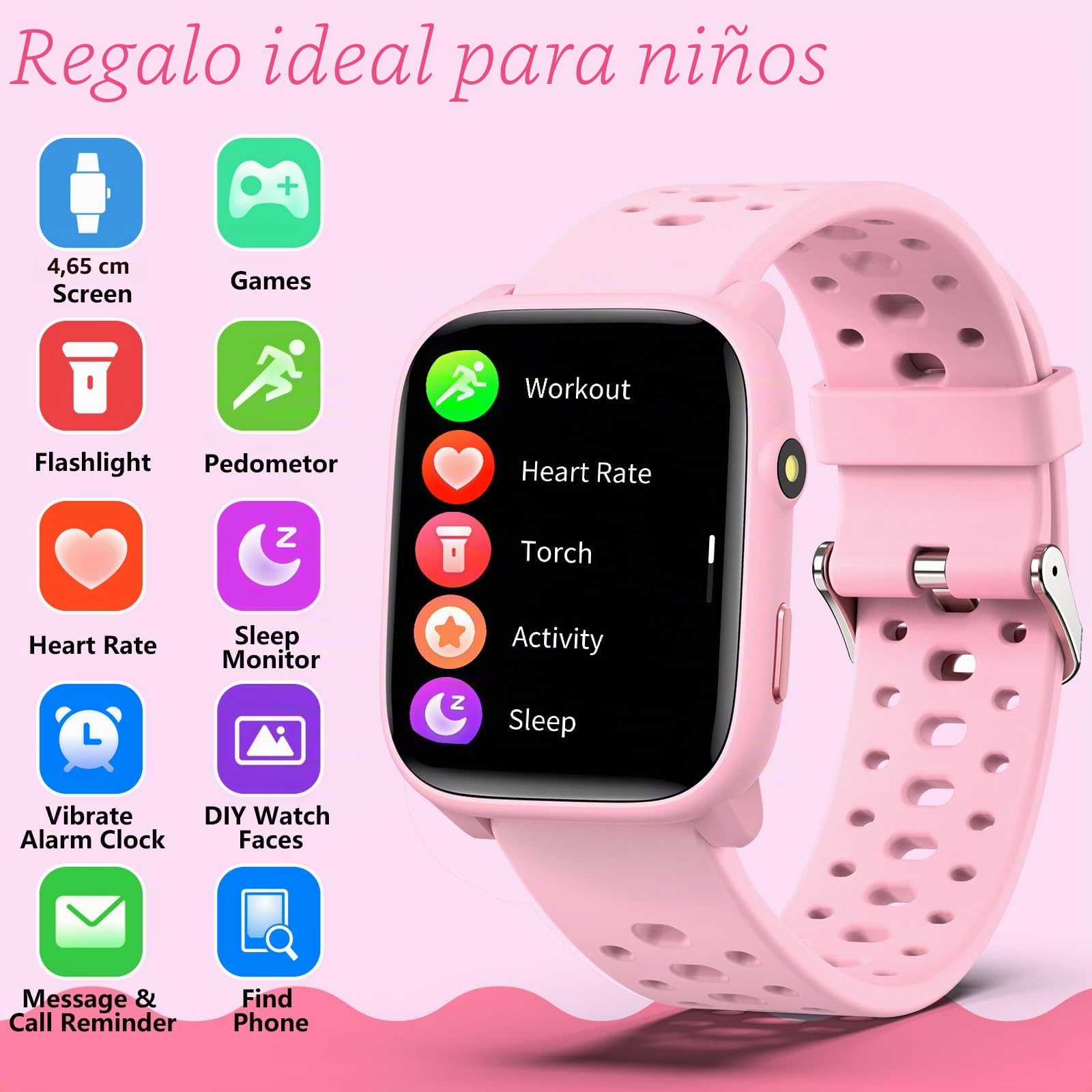 Reloj Inteligente Niños Niñas Sin App Necesaria, 1,83" Smartwatch Niños con Podómetro, Resistente al Agua IP68, Reloj Monitor Cardiaco y Sueño, Despertador, Juegos de Rompecabezas (Rosa)