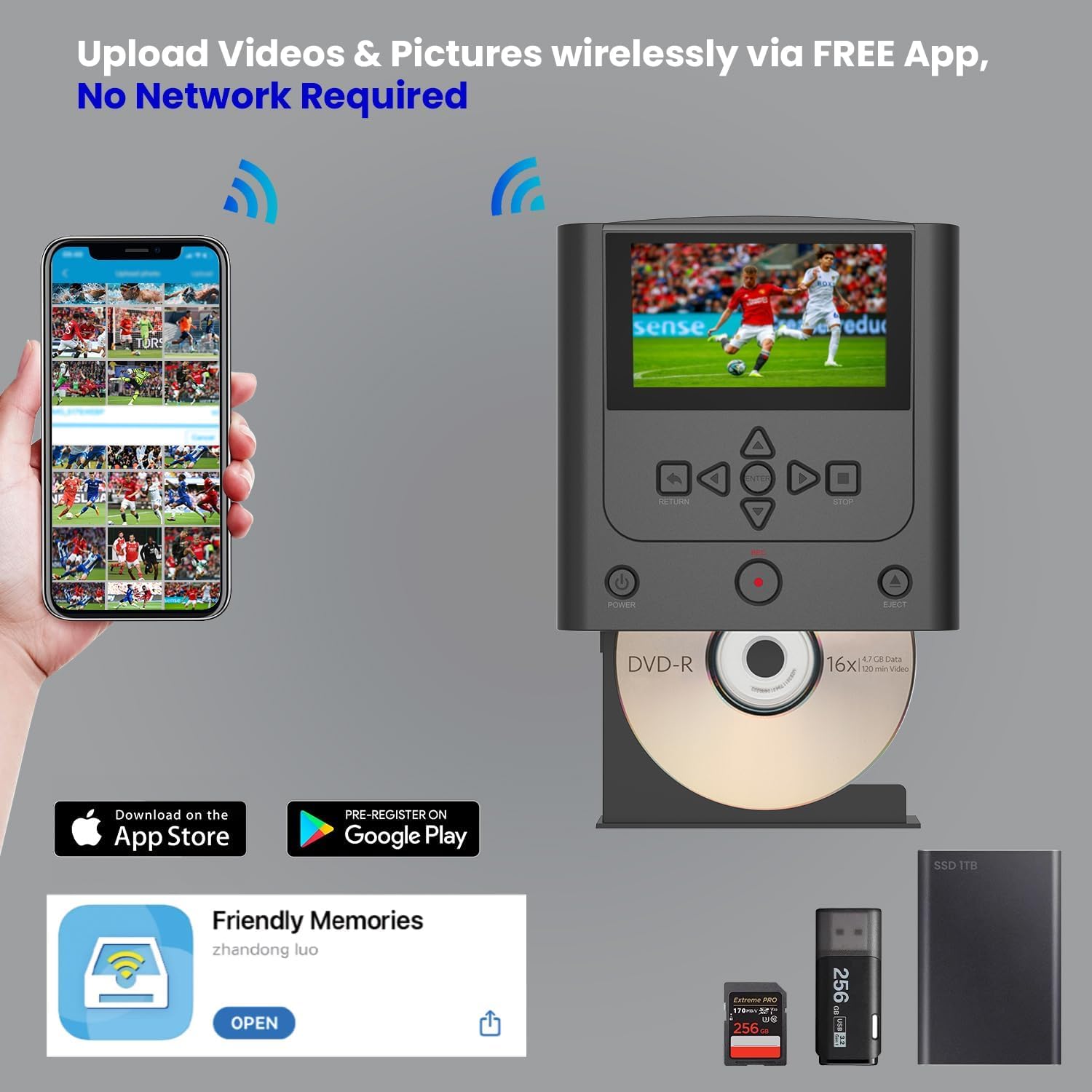 Enregistreur VHS vers DVD, magnétoscope en enregistreur DVD - Convertit des photos et des vidéos entre VHS, magnétoscope, carte mémoire, DVD et USB. Le téléphone peut utiliser une application gratuite