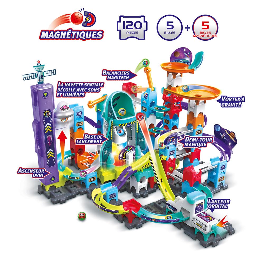 VTech - Marble Rush, Circuit à Billes Électronique Space Magnetic Mission Set XL300E, Jeu de Construction Magnétique, 120 Pièces, 10 Billes, Cadeau Enfant Dès 4 Ans - Contenu en Français