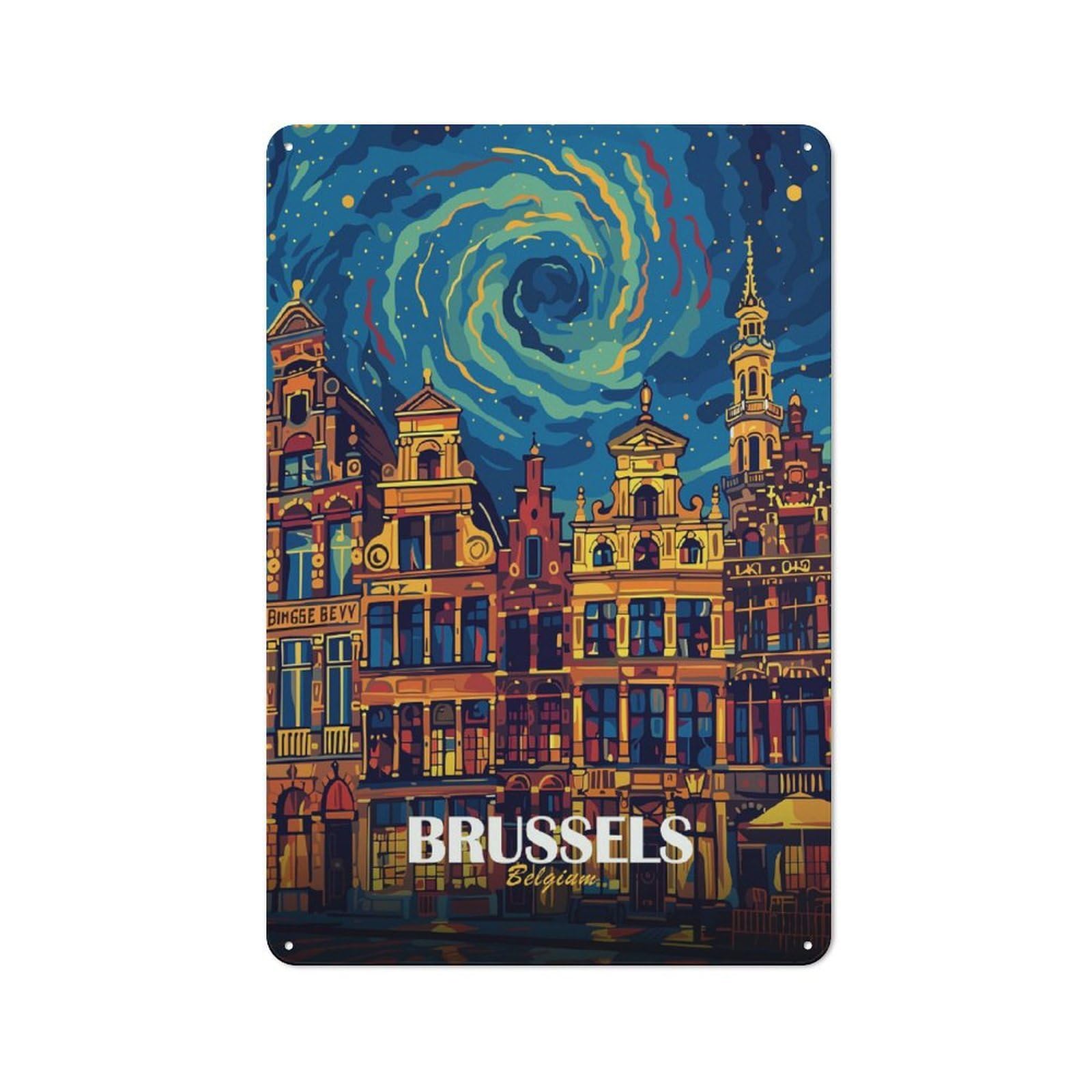 Junmoney Style-2 Urban Brussels, Belgium Cityscape Art Decorative Metal Plaque 30X20cm, Urban Room Decor For Flat, Bar, Studio Or Gallery Wall