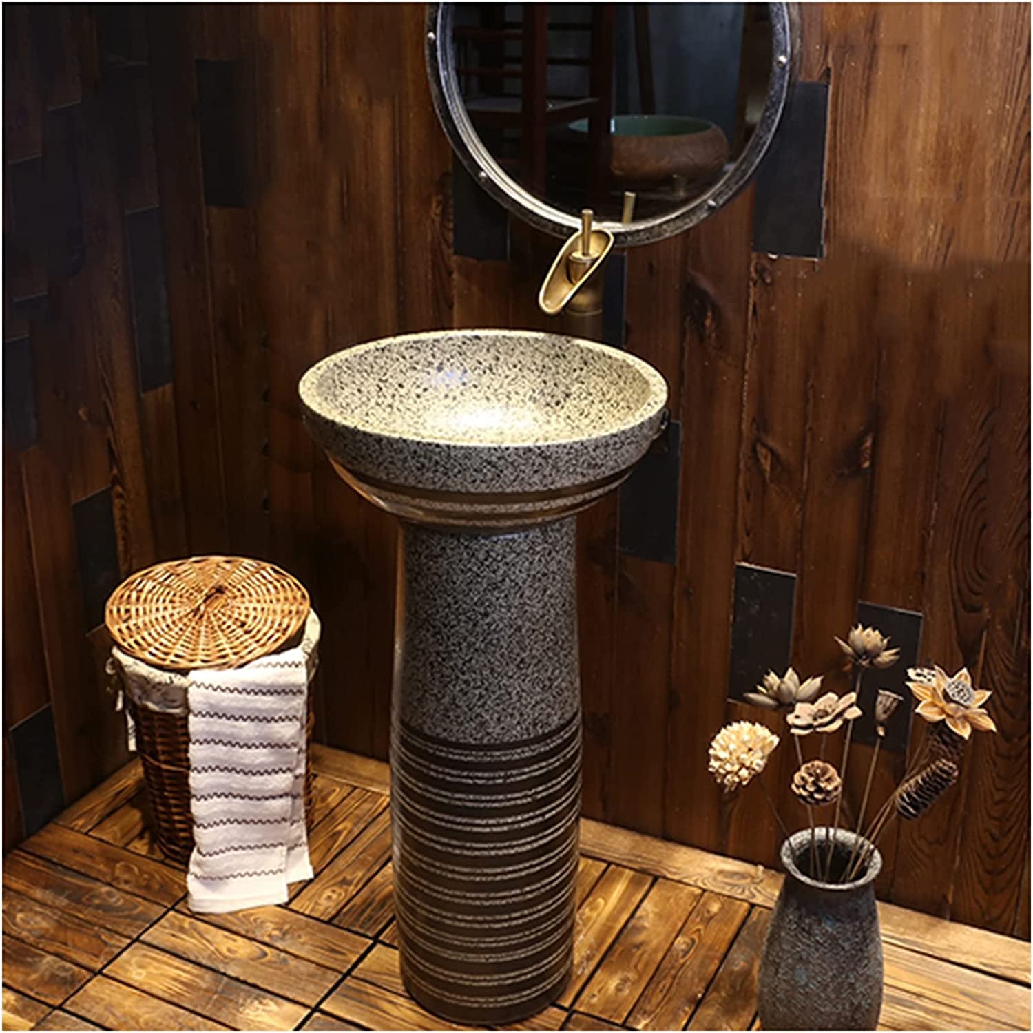 WDSOPK Freestanding Pedestal Sink Hotel Bathroom Basin, Modern Ceramic Basin with Full and One Tap Hole Round (C With mirror)