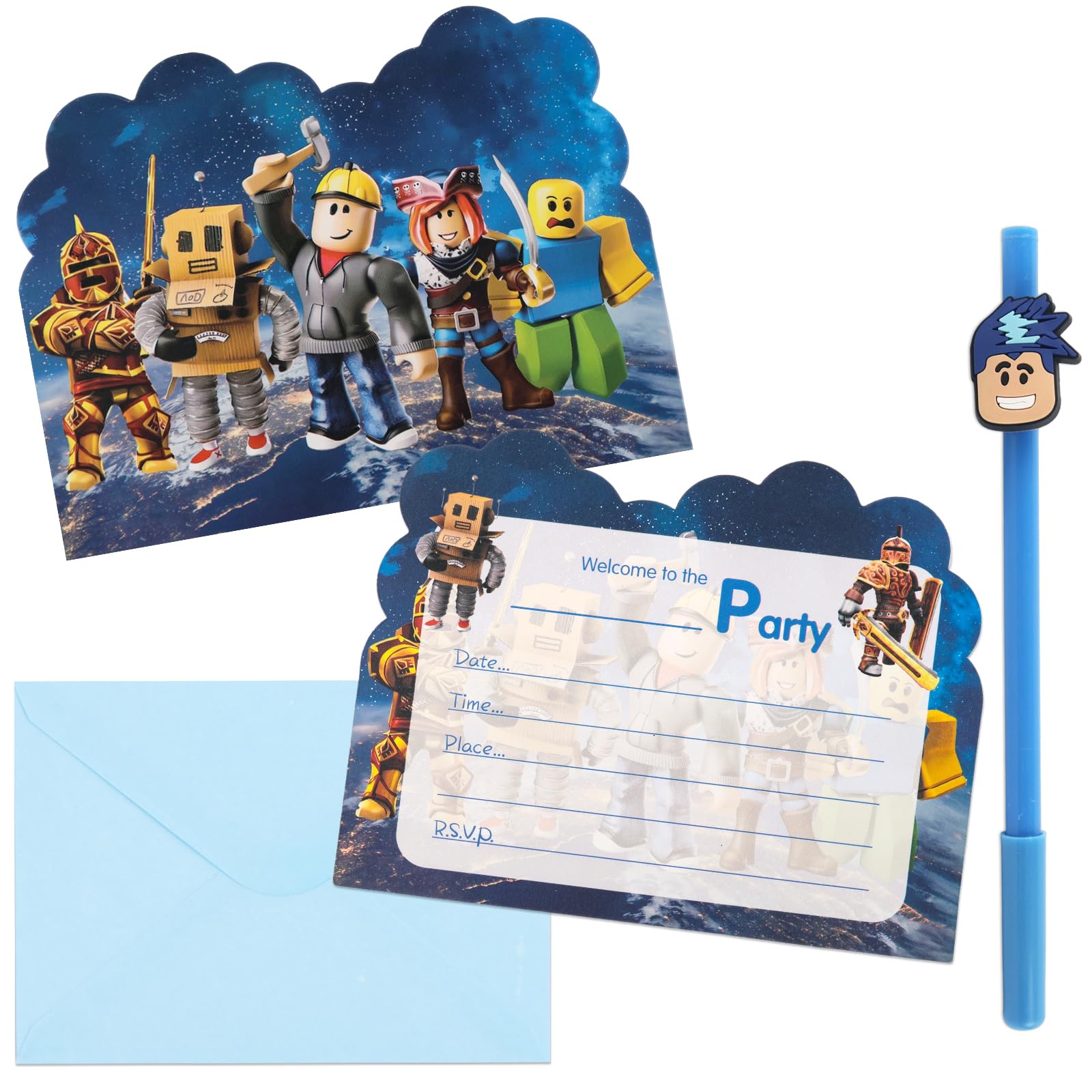 20Pcs robl ox Party Invitations+ 1Pcs Kawaii Gel Pen, Kids Birthday Party Invitations with Envelopes, Double Sided Invite Cards+Pens Set for Birthday Baby Shower School Supplies — image 1
