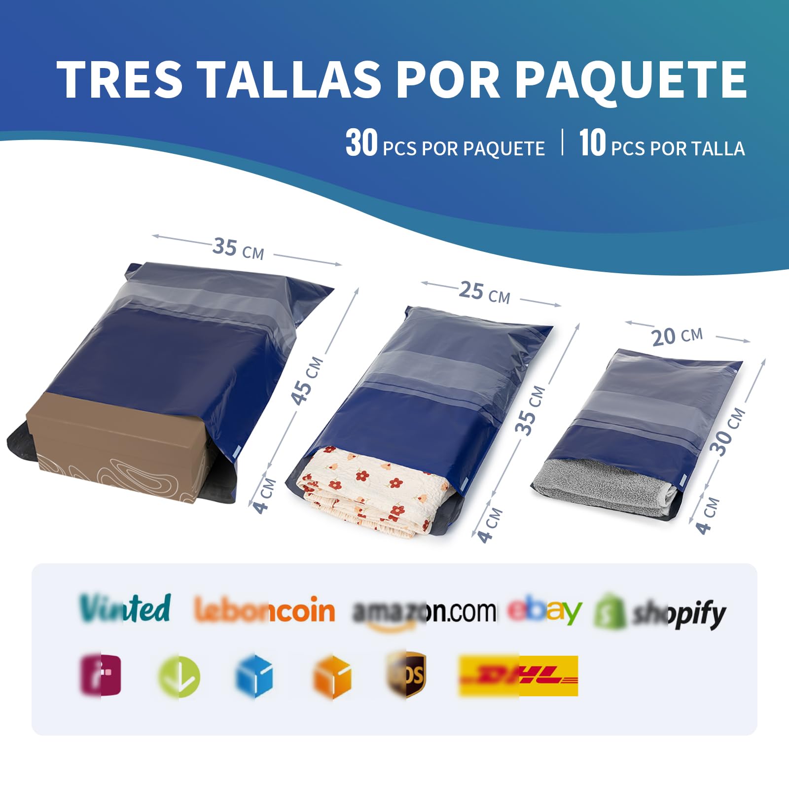 Bolsas para Envíos, 30 Pcs Sobres Envíos Vinted, 3 Tamaños, Bolsas Sobres Correo Plástico, Autoadhesivos, Impermeable, Opaco