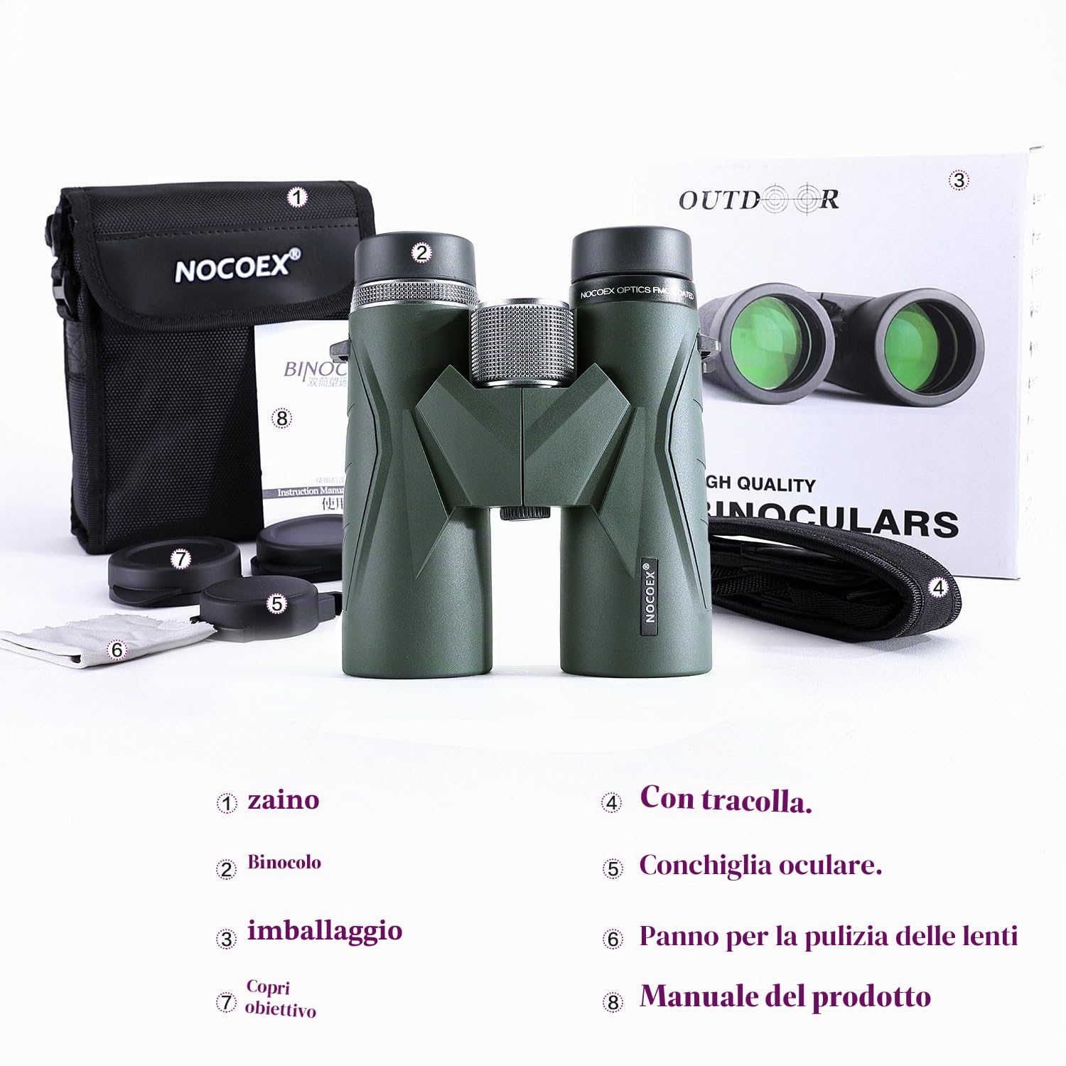 NOCOEX Binocolo Compatto, Con Ampia Visione di 10x42, Scelta Migliore per Bird Watching, Arrampicata, Viaggi, Giochi, Concerti, Adatto per lo Sport e le Attività all'aria Aperta (green).