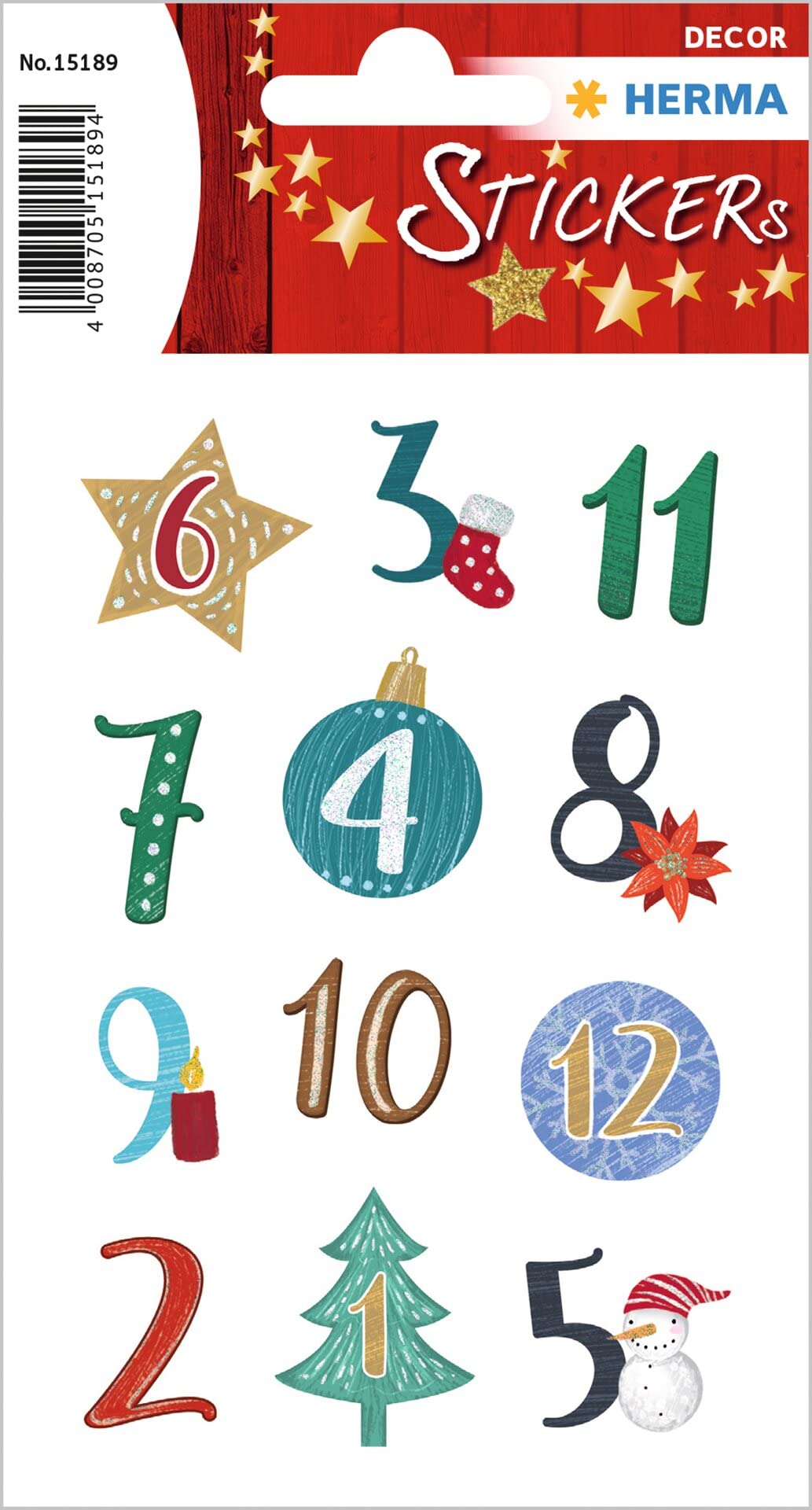 HERMA 15189 Christmas Stickers, Christmas Symbols Numbers 1-24 (24 Stickers, Paper, Glitter) Self-Adhesive Christmas Decoration, Permanent Adhesive Labels for Christmas, Crafts, Advent Calendar