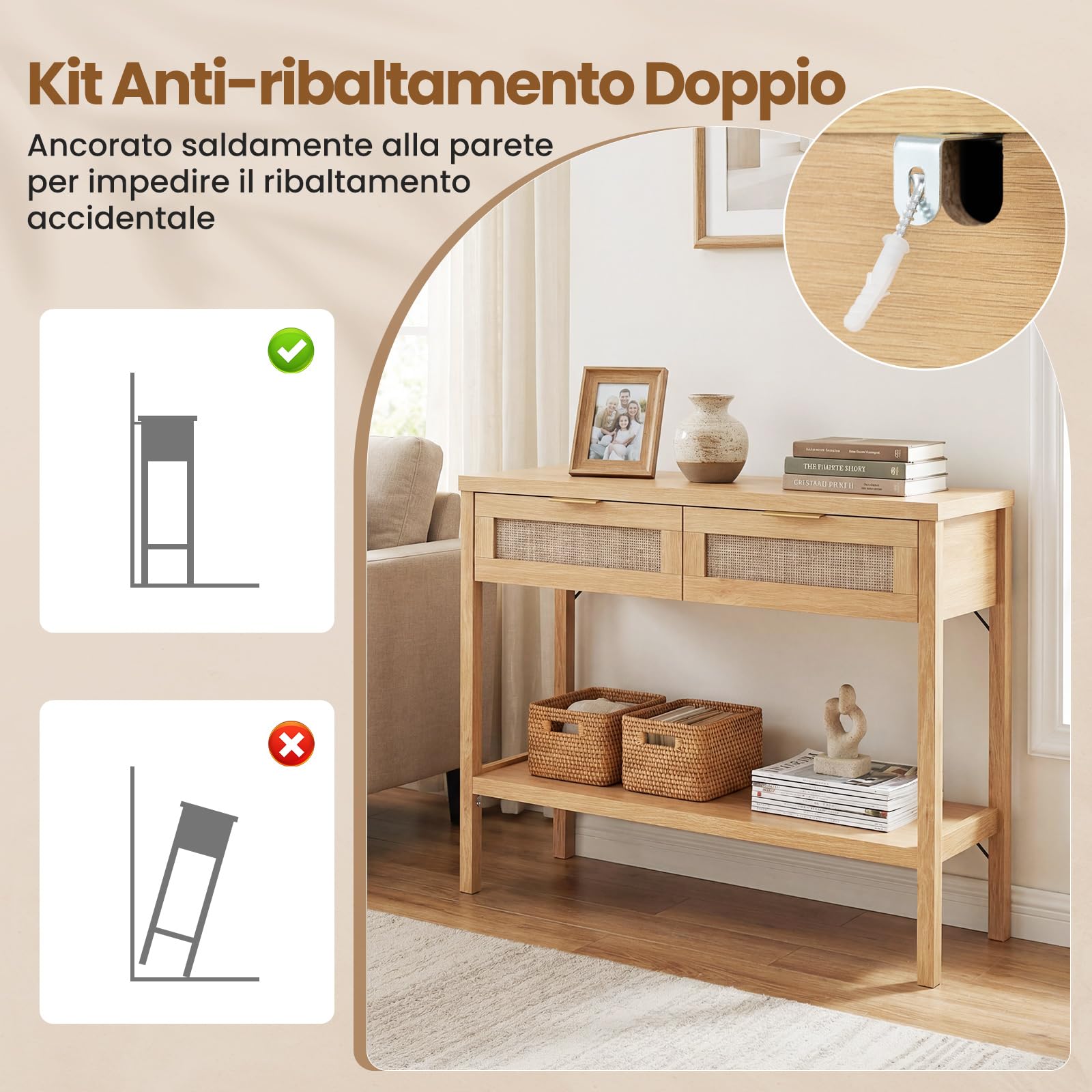 COSTWAY Tavolo Consolle, Tavolino da Divano in Legno con Doppio Cassetto, Ripiano Inferiore e Ampio Piano, Kit Antiribaltamento, Consolle per Ingresso, Corridoio e Soggiorno (Naturale)