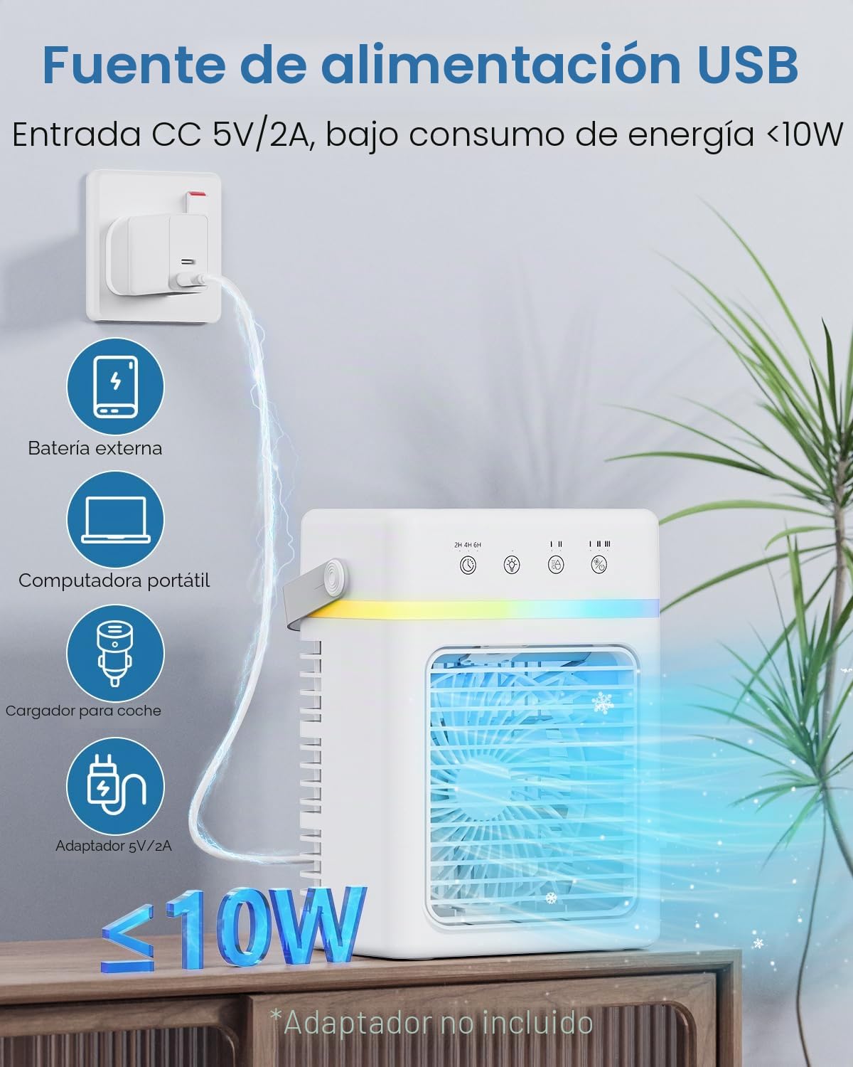 Mini Aire Acondicionado Portatil 3 en 1, Enfriador de Aire 900ML con 3 Velocidades de Aire, 3 Niveles de Neblina, Temporizador 2/4/6H, Luz de Ambiente, USB 10W, Ideal para Habitación, Oficina y Viajes