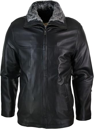 TruClothing Mens Classic Double Zip Fur Lined Genuine Soft Leather Coat Jacket Regular Fit