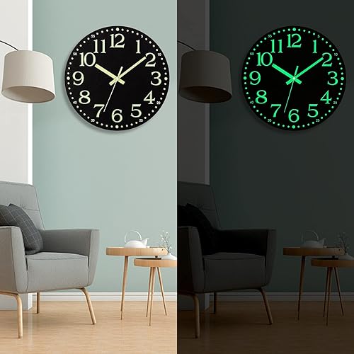 Miniatura 5 de Warminn Reloj de pared  Reloj de pared de 12 pulgadas que brilla en la oscuridad, funciona con pilas, reloj de pared silencioso de madera negra, sin