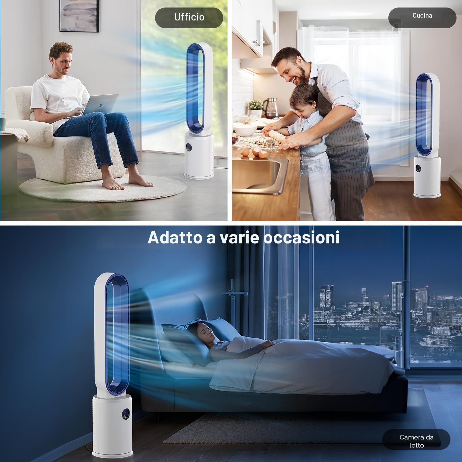 YAZEKY Ventilatore a Torre Senza Pale,Ventilatore a Colonna Silenzioso con Telecomando,3 Velocità,Oscillazione 60°,Display LED,Timer 8 Ore,97 cm Ventilatore Potente per Ufficio,Soggiorno,Bianco 70 m²