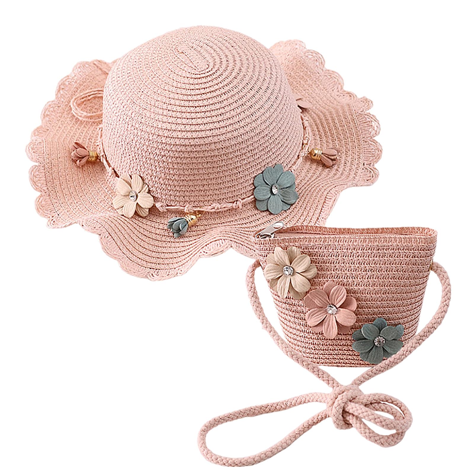 Ensemble chapeau de paille pour enfants - Chapeau de soleil mignon d'été + sac en paille pour filles - Chapeau de voyage avec décoration florale pour les vacances, les voyages, l'extérieur, tour