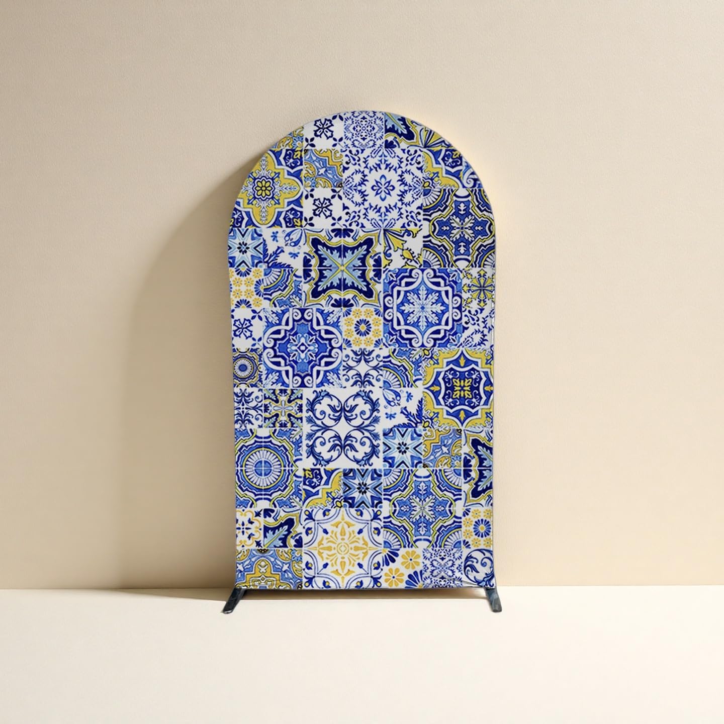 ittsmnt Arch Backdrop Covers Mediterranean Patchwork Tile Theme Arched Background Stand Cover for Birthday Banquet Porcelain Parties Decorations GX04