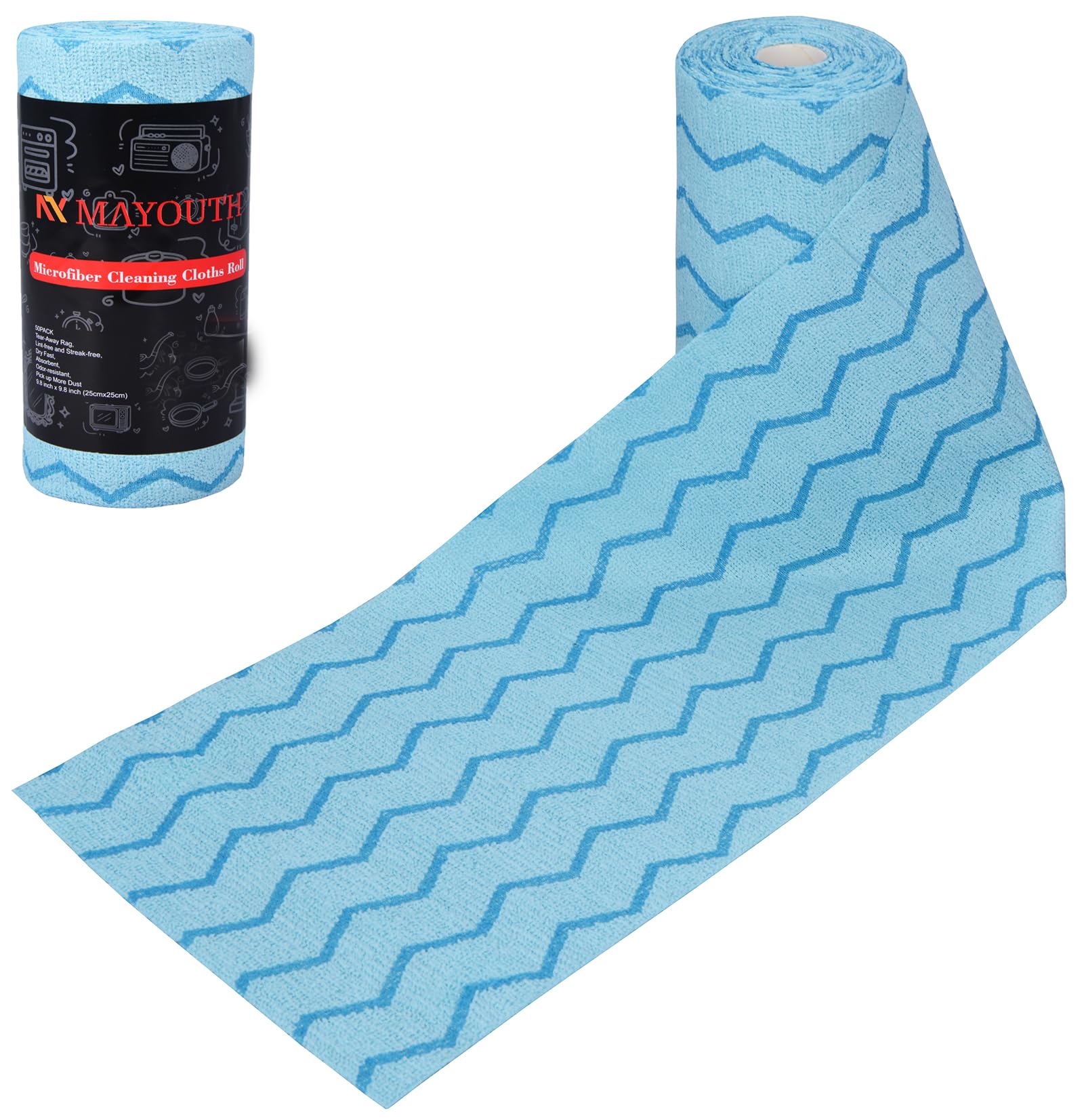 MAYOUTH Microfibre Cleaning Cloths Roll 50-Pack Reusable Paper Towels for Car Wash Supplies Ultra Absorbent Kitchen Dish Rags House Window Cleaning Cloths Lint Free Tear away (Sky Blue Wave Pattern)