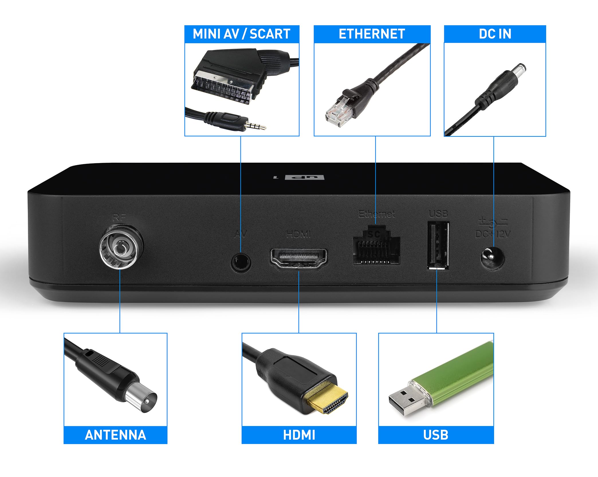 TELE System UP1 Décodeur numérique terrestre Android TV Ultra HD, Netflix Certified, Prime Video, Disney+, Chromecast intégré, DVB-T2 HEVC, HDR10+ HLG, AV1, HDMI/SCART.