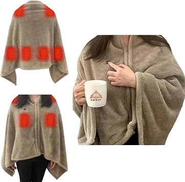 Heated Shawl Electric Blanket with Button USB Rechargeable Blanket with 3 Mode Adjustable Soft Comfortable Blanket Machine Washable 31" x 62" Khaki Not Including Power Bank