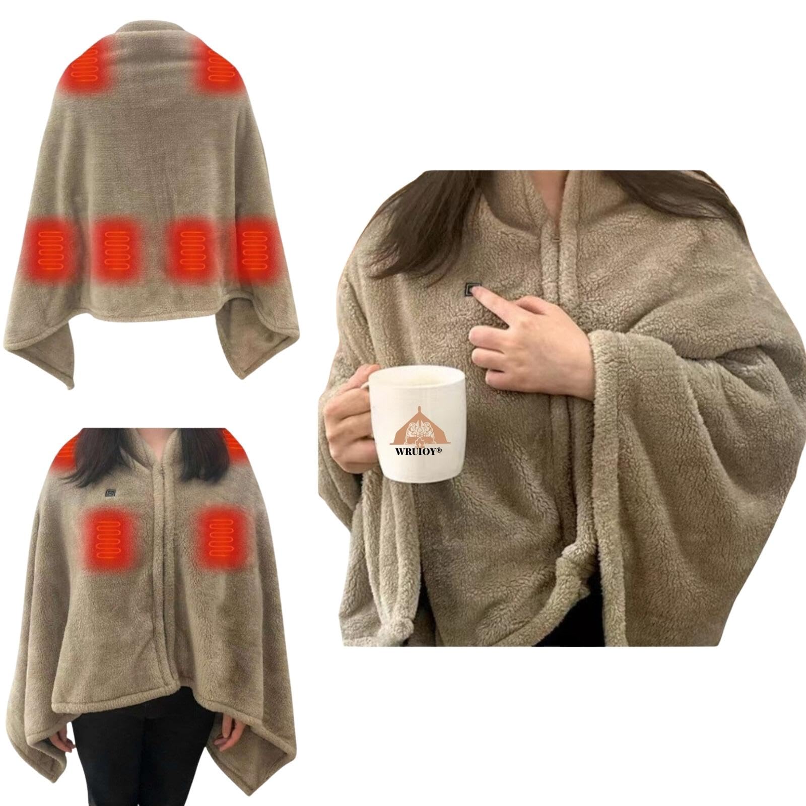 WRUIOY Heated Shawl Electric Blanket with Button USB Rechargeable Blanket with 3 Mode Adjustable Soft Comfortable Blanket Machine Washable 31
