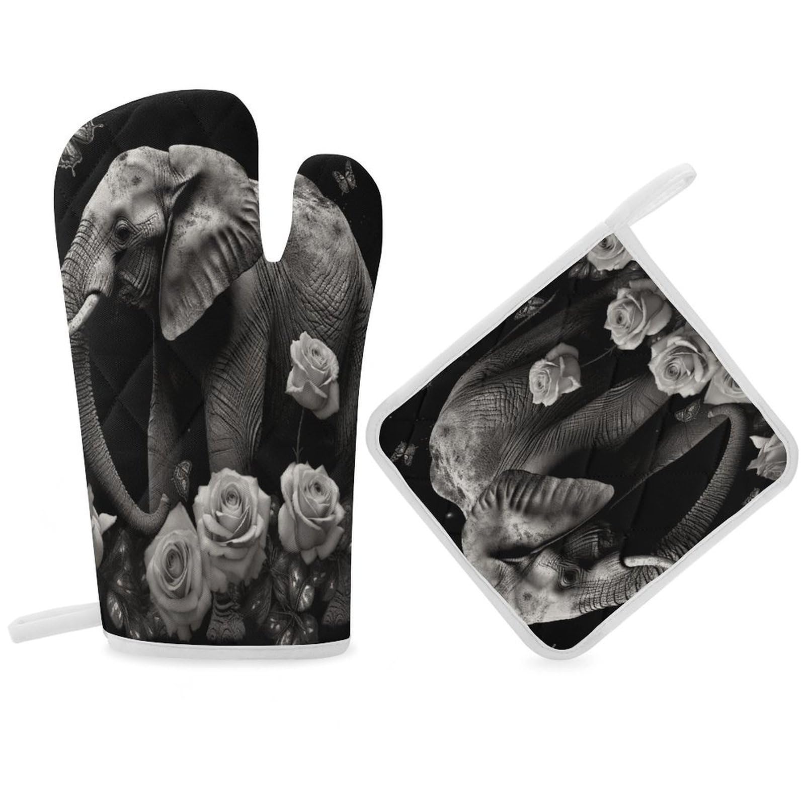Fodpand Women's Style Elephant And Butterfly Oven Mitts And Pot Holders Sets,Oven Gloves For Kitchen Oven Mitts And Potholders For Baking Cooking Grilling Apartment Essentials