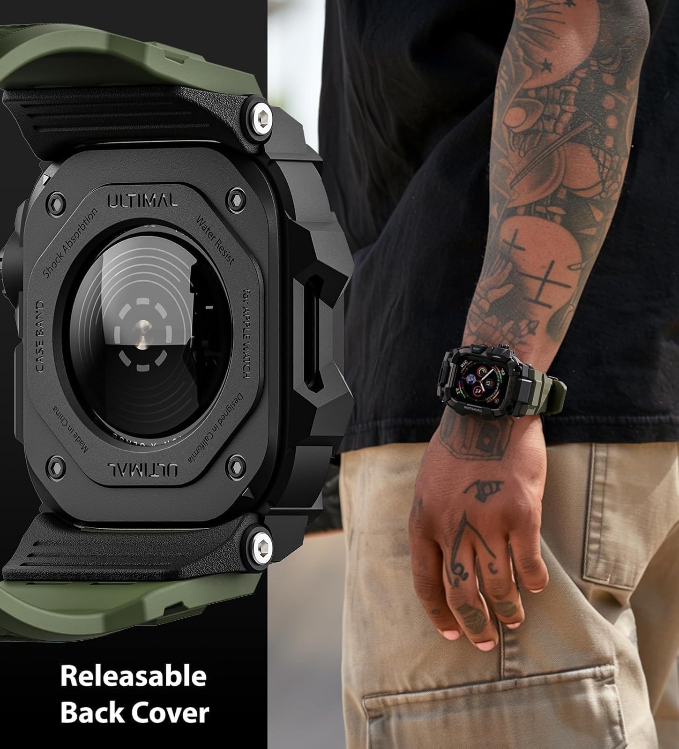 ULTIMAL Rugged Case with Band for Apple Watch 44mm,Compatible with Apple Watch Series SE 3/SE 2/SE Generation/6/5/4, Military Grade Shockproof Bumper Cover for iWatch Tactical Band Men (Army Green, 44mm) - Image 4