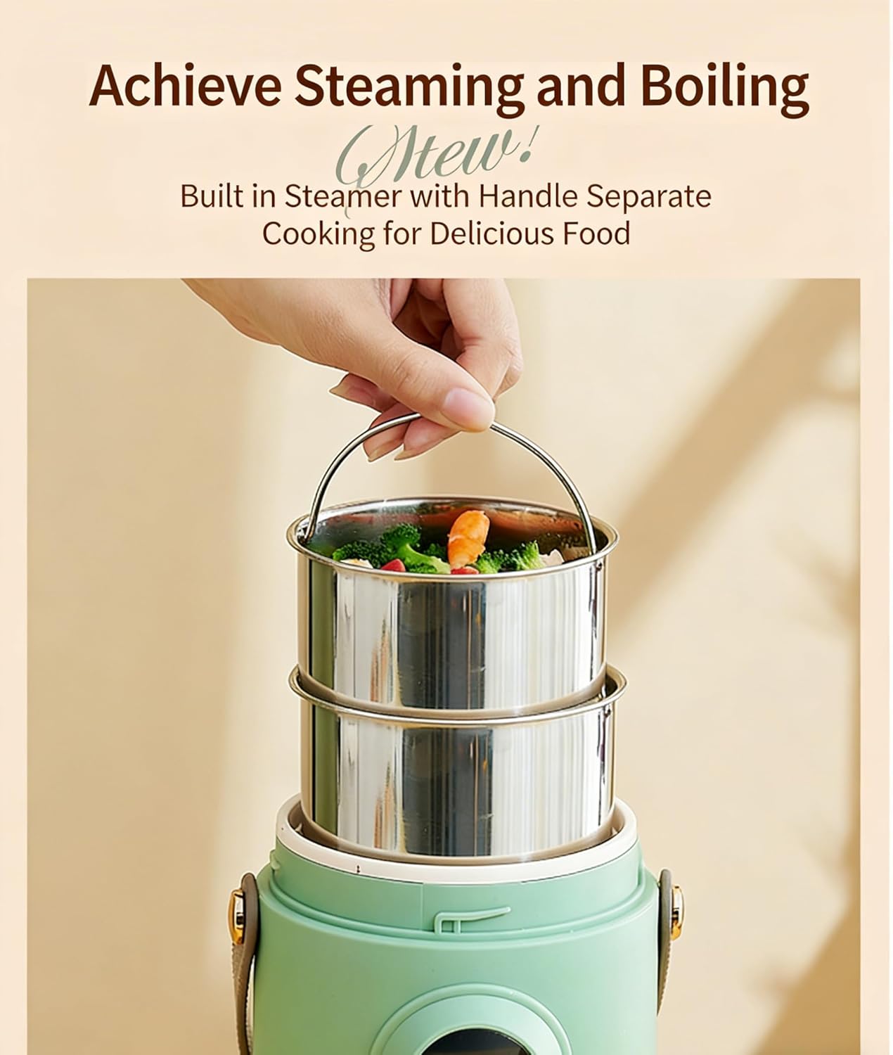 Multifunctional Health Pot, 500W Portable Mini Electric Cooker with Ceramic Glaze Inner & Steamer, Small Slow Cooker with 12-Hour Reservation, for Porridge, Rice, Soup & Steaming (800ml-Khaki)