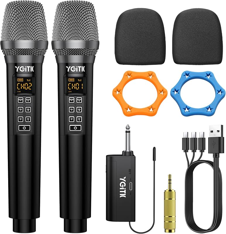 YGiTK UHF Professzionális Vezeték Nélküli Mikrofonszett - 2x30 Csatornás Kézi Mikrofon, 6-10 Órás Üzemidő, Karaoke, Buli, Esküvő, DJ